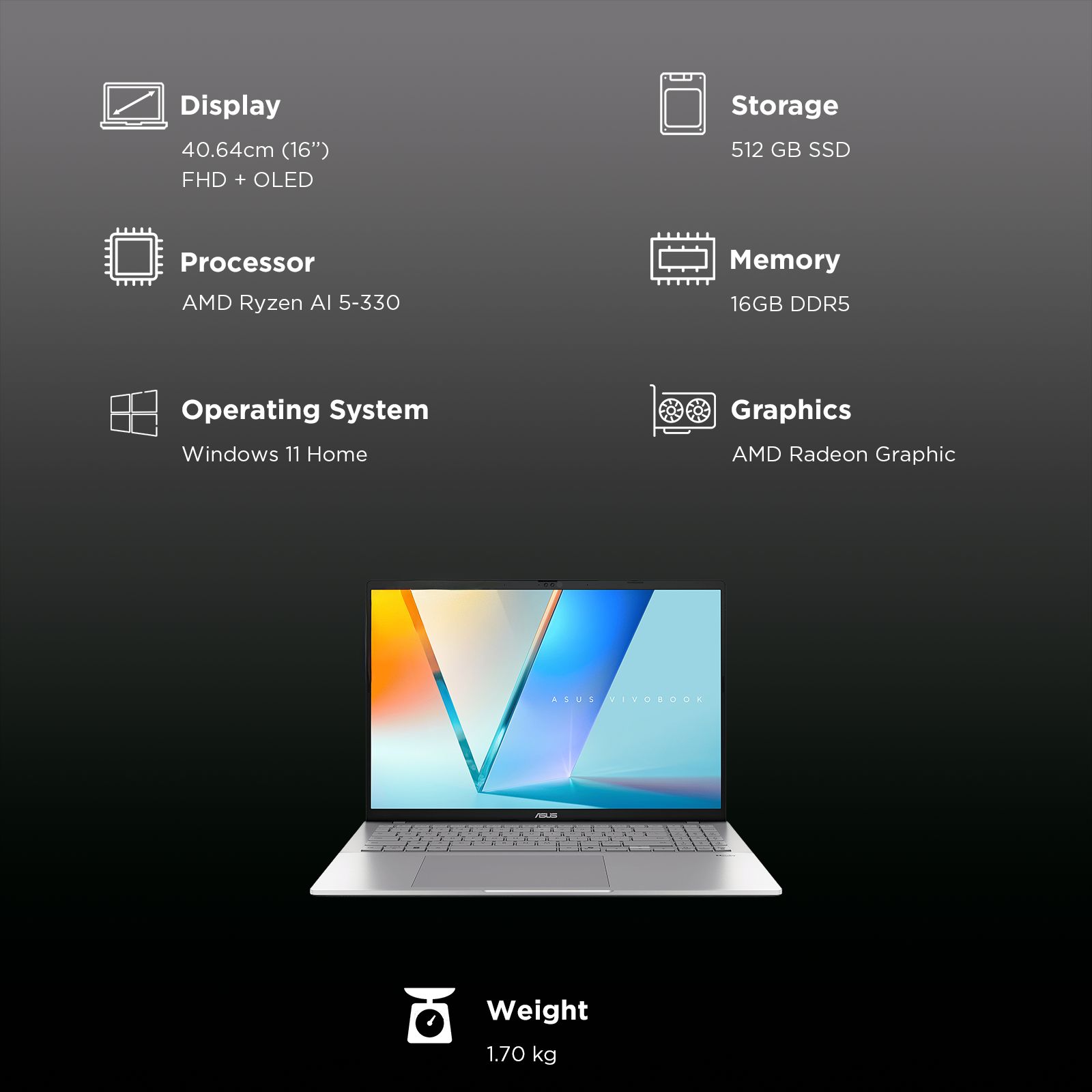 ASUS Vivobook S16 M3607KA-SH115WS AMD Ryzen AI 5 Thin and Light Laptop (16GB, 512GB SSD, Windows 11 Home, 16 inch WUXGA OLED Display, MS Office Home 2024, Cool Silver, 1.7 KG) ASUS Vivobook S16 M3607KA-SH115WS AMD Ryzen AI 5 Thin and Light Laptop (16GB, 512GB SSD, Windows 11 Home, 16 inch WUXGA OLED Display, MS Office Home 2024, Cool Silver, 1.7 KG)_3