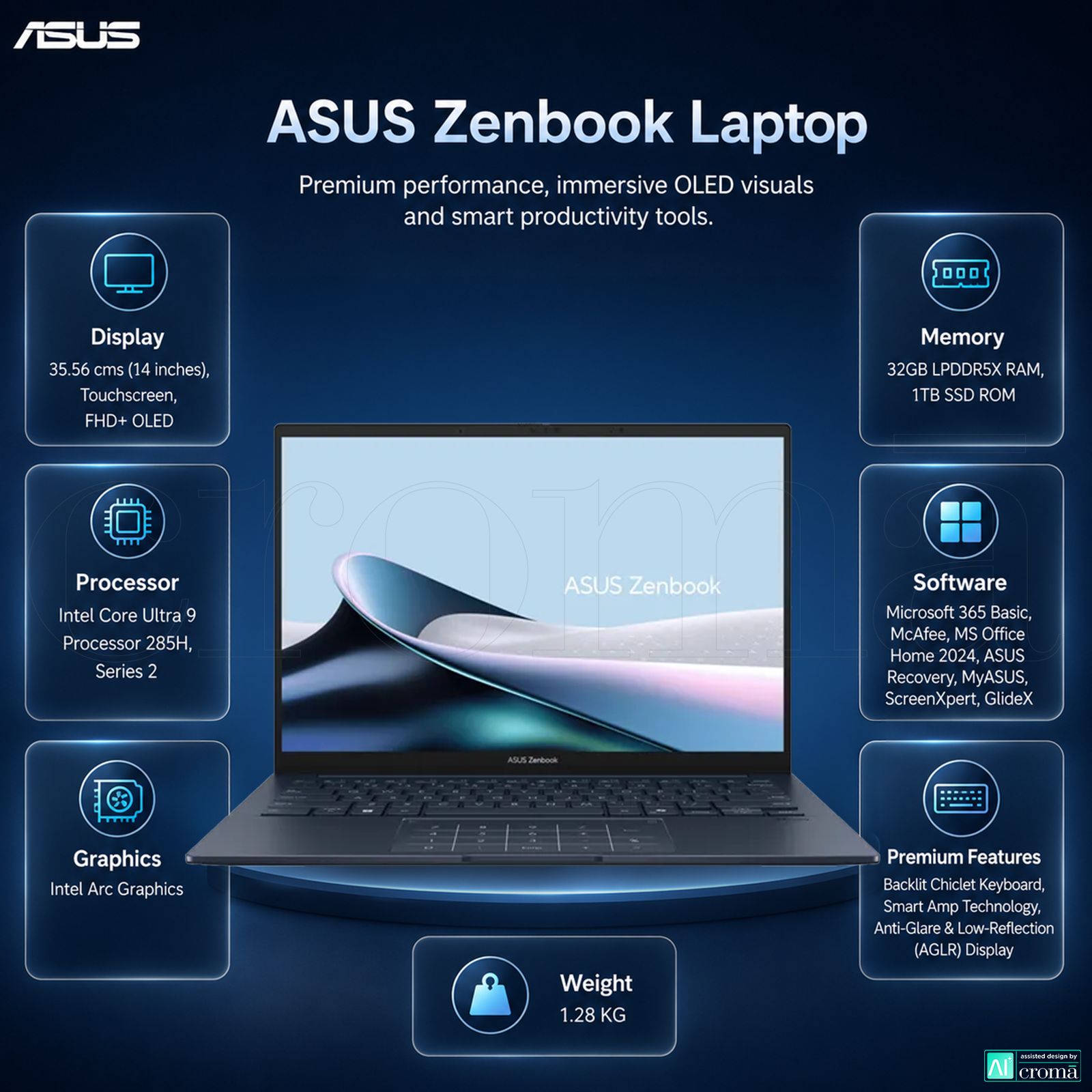 Asus Zenbook 14 Intel Core Ultra 9 285H Touchscreen Thin & Light Laptop (32GB, 1TB SSD, Windows 11 Home, 14 inch Full HD+ OLED Display, MS Office Home 2024, Ponder Blue, 1.28 KG)_2