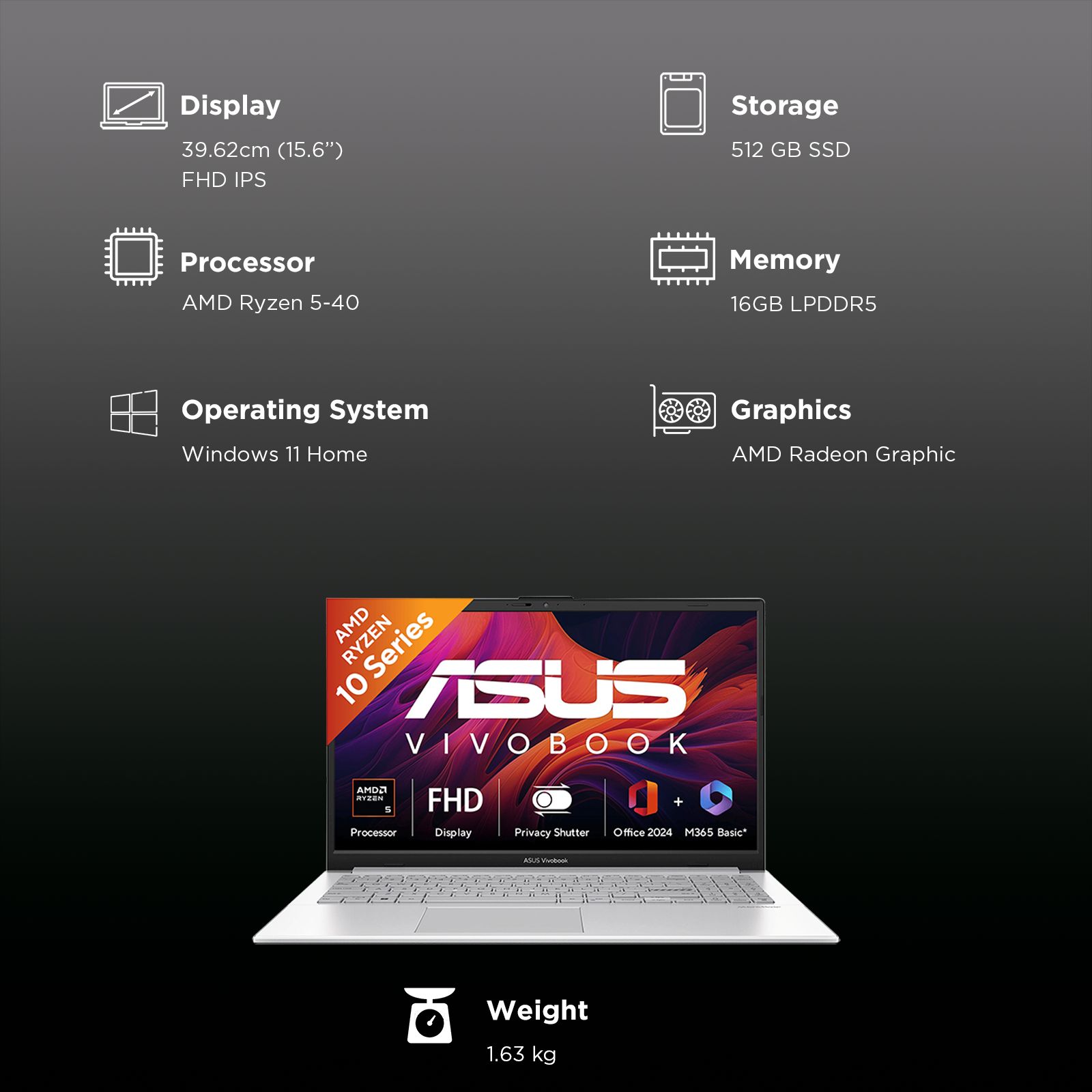 Asus Vivobook Go 15 AMD Ryzen 5 40 Thin & Light Laptop (16GB, 512GB SSD, Windows 11 Home, 15.6 inch Full HD IPS Display, MS Office Home 2024, Cool Silver, 1.63 KG)_13