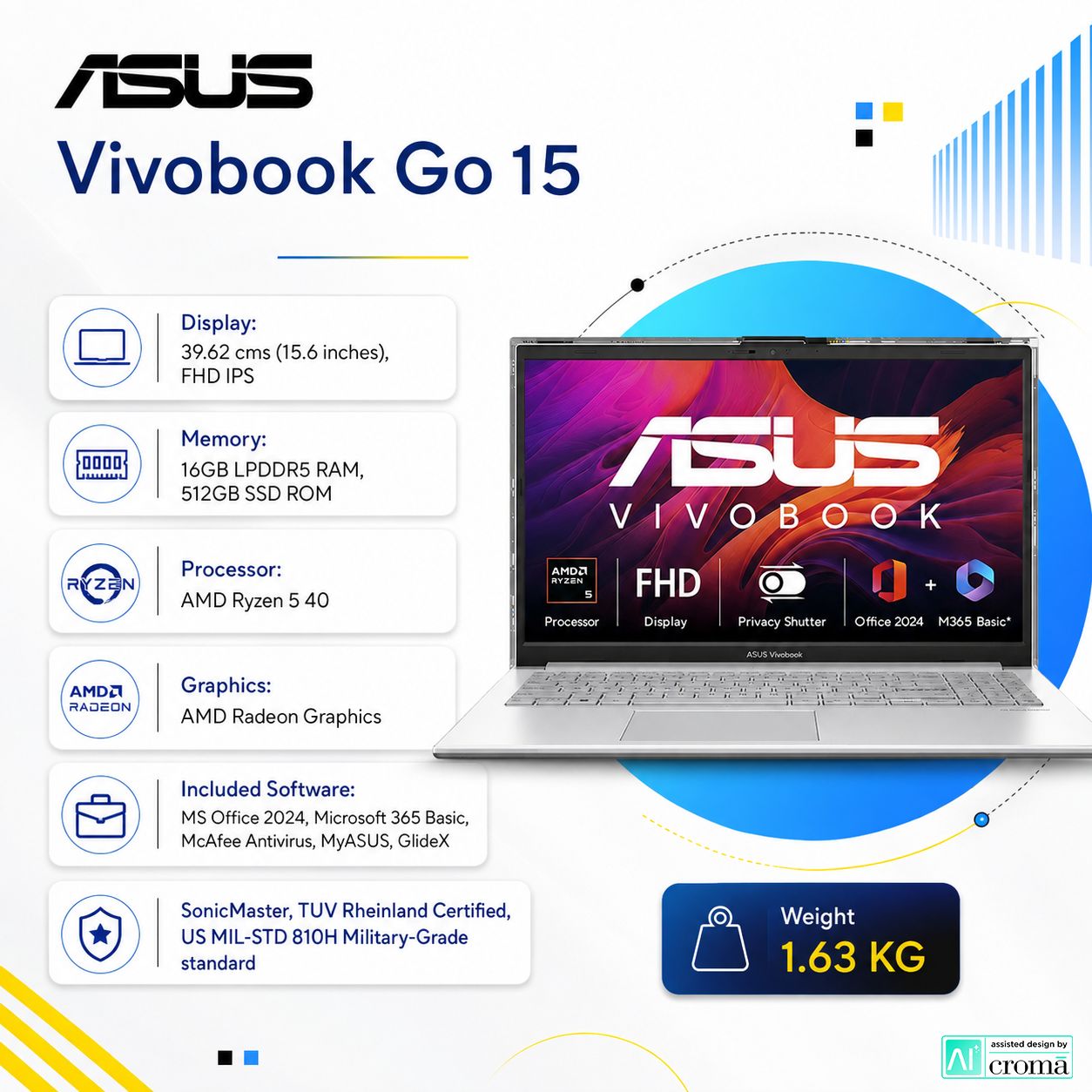 Asus Vivobook Go 15 AMD Ryzen 5 40 Thin & Light Laptop (16GB, 512GB SSD, Windows 11 Home, 15.6 inch Full HD IPS Display, MS Office Home 2024, Cool Silver, 1.63 KG)_2