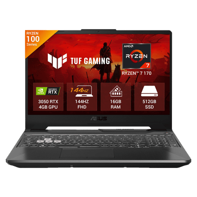Asus TUF A15 AMD Ryzen 7 170 Gaming
                          Laptop (16GB, 512GB SSD, Windows 11 Home, 4GB
                          Graphics, 15.6 inch 144 Hz Full HD IPS
                          Display, NVIDIA GeForce RTX 3050, MS Office
                          Home 2024, Graphite Black, 2.30 KG)