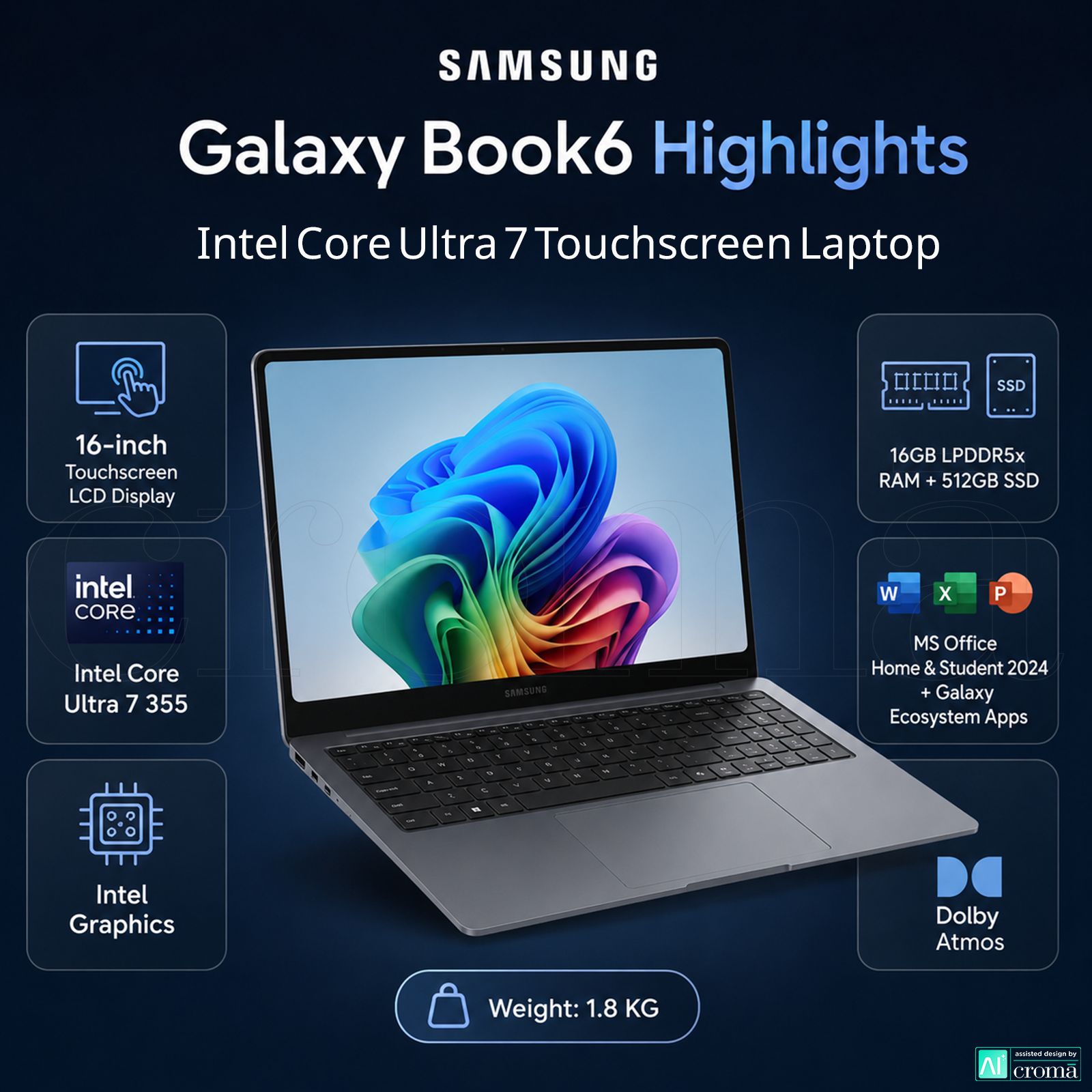 SAMSUNG Galaxy Book6 Intel Core Ultra 7 Touchscreen Laptop (16GB, 512GB SSD, Windows 11 Home, 16 inch LCD Display, MS Office Home & Student 2024, Gray, 1.8 KG) SAMSUNG Galaxy Book6 Intel Core Ultra 7 Touchscreen Laptop (16GB, 512GB SSD, Windows 11 Home, 16 inch LCD Display, MS Office Home & Student 2024, Gray, 1.8 KG)_2