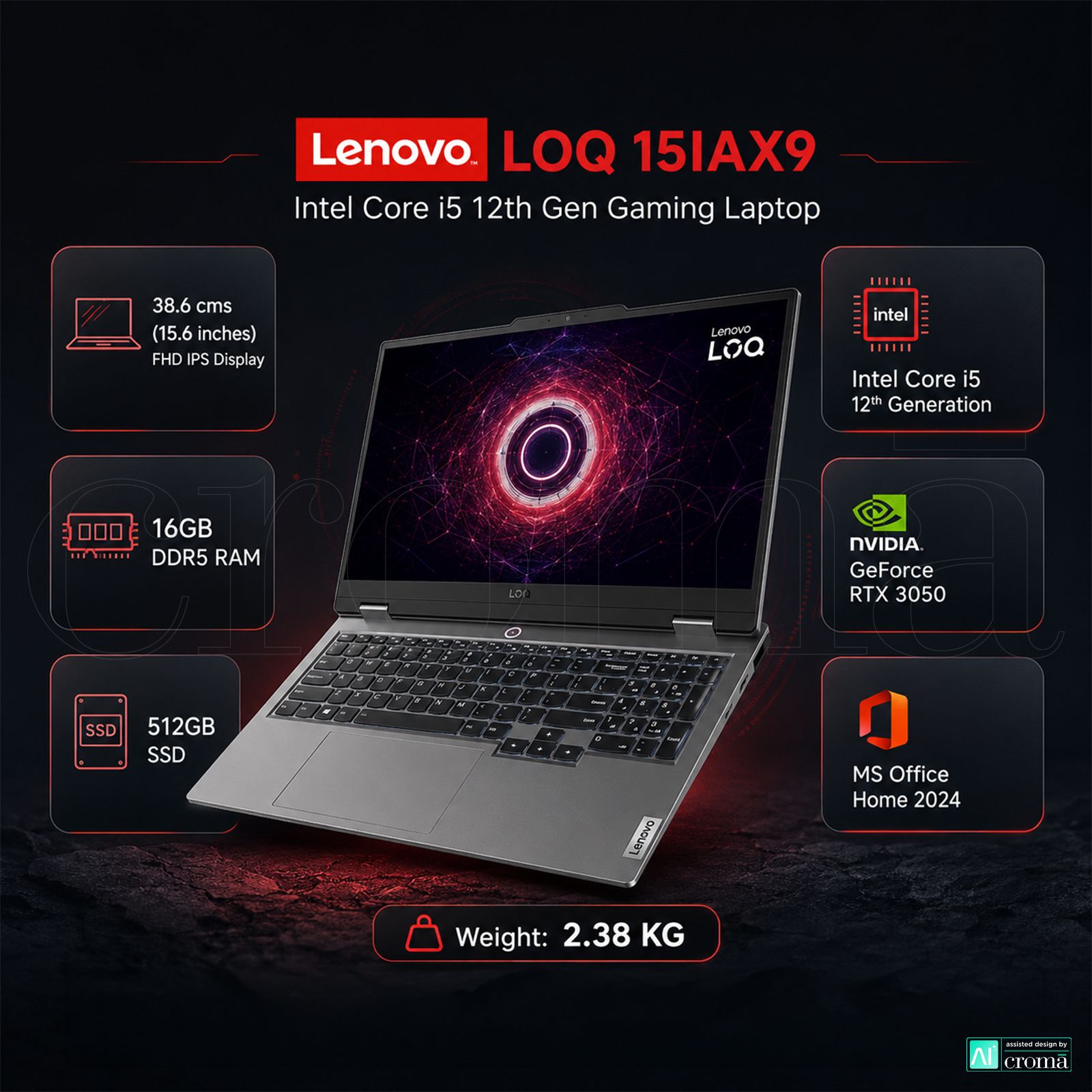 Lenovo LOQ 15IAX9 Intel Core i5 12th Gen Gaming Laptop (16GB, 512GB SSD, Windows 11 Home, 6GB Graphics, 15.6 inch 144 Hz Full HD IPS Display, NVIDIA GefORCE RTX 3050, MS Office Home 2024, Luna Grey, 2.38 KG)_2