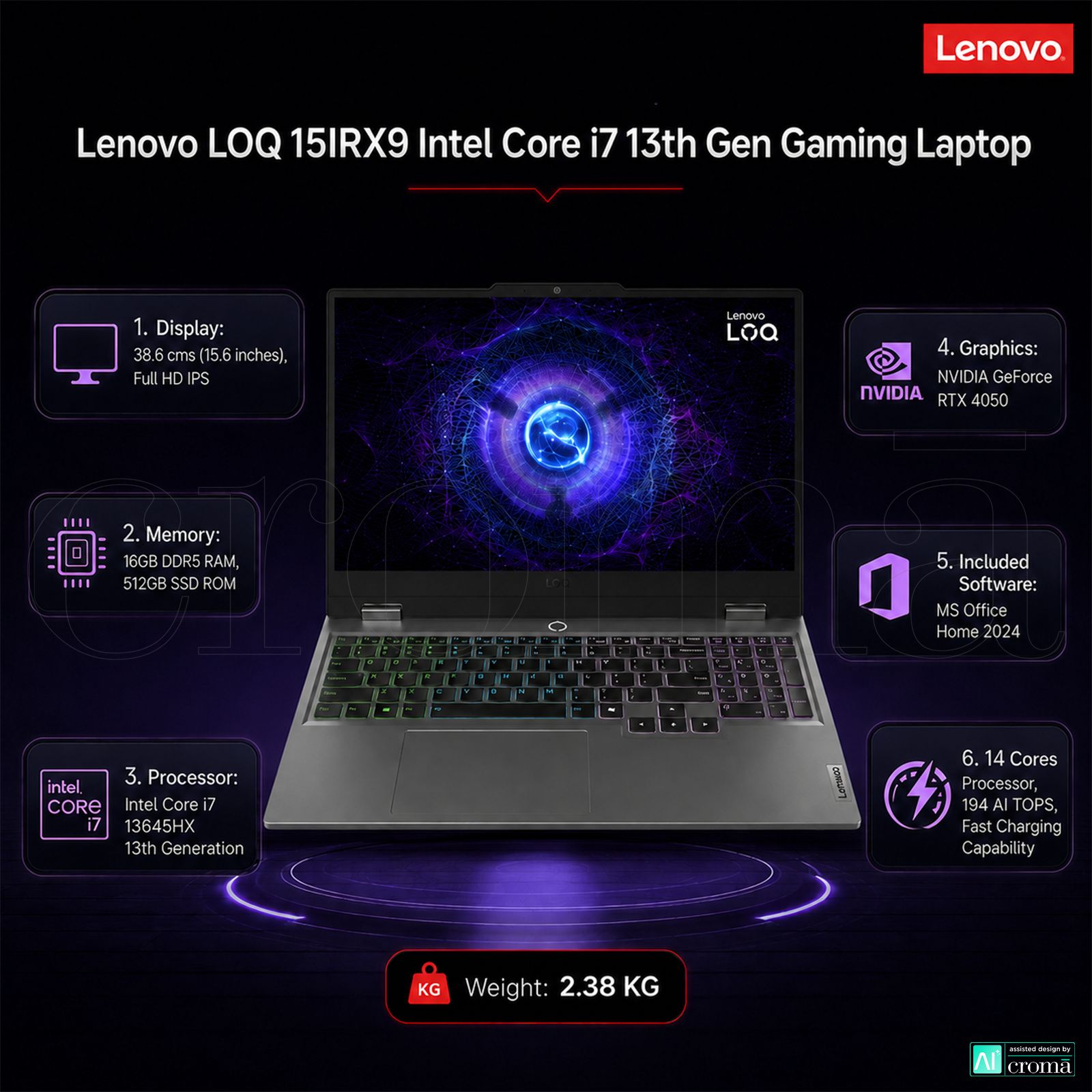 Lenovo LOQ 15IRX9 Intel Core i7 13th Gen Gaming Laptop (16GB, 512GB SSD, Windows 11 Home, 6GB Graphics, 15.6 inch 144 Hz Full HD IPS Display, NVIDIA GeForce RTX 4050, MS Office 2024, Luna Grey, 2.38 KG) Lenovo LOQ 15IRX9 Intel Core i7 13th Gen Gaming Laptop (16GB, 512GB SSD, Windows 11 Home, 6GB Graphics, 15.6 inch 144 Hz Full HD IPS Display, NVIDIA GeForce RTX 4050, MS Office 2024, Luna Grey, 2.38 KG)_2