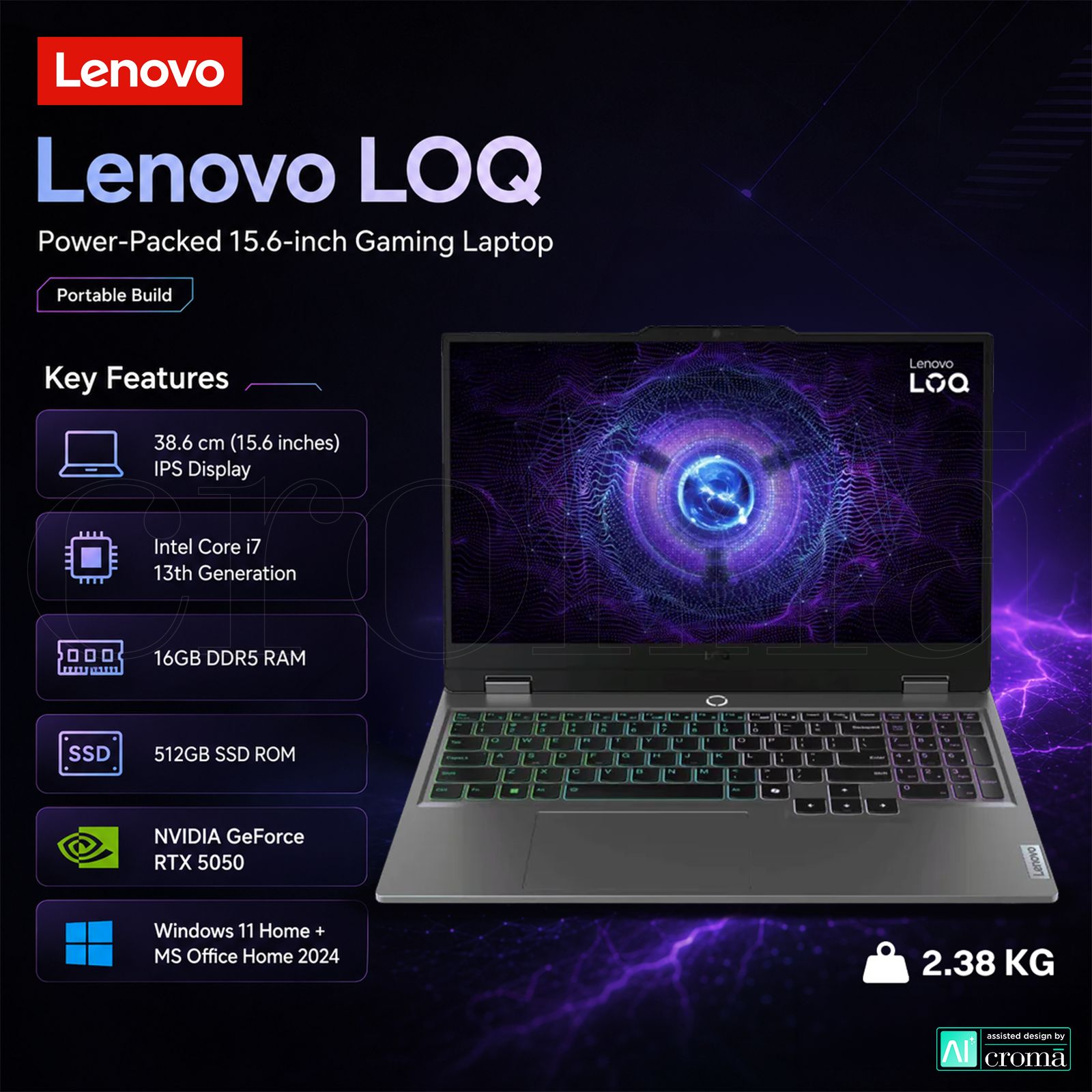 Lenovo LOQ 15IRX10 Intel Core i7 13th Gen Gaming Laptop (16GB, 512GB SSD, Windows 11 Home, 8GB Graphics, 15.6 inch 144 Hz Full HD IPS Display, NVIDIA GefORCE RTX 5050, MS Office Home 2024, Luna Grey, 2.38 KG)_2