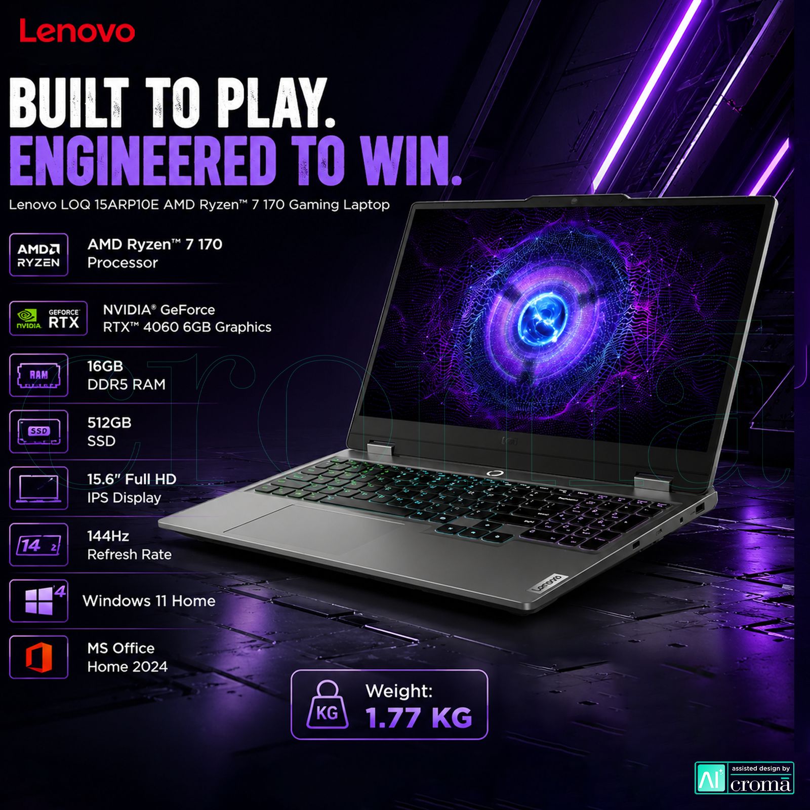 Lenovo LOQ 15ARP10E AMD Ryzen 7 170 Gaming Laptop (16GB, 512GB SSD, Windows 11 Home, 6GB Graphics, 15.6 inch 144 Hz Full HD IPS Display, NVIDIA GeForce RTX 4050, MS Office 2024, Luna Grey, 1.77 KG)_2