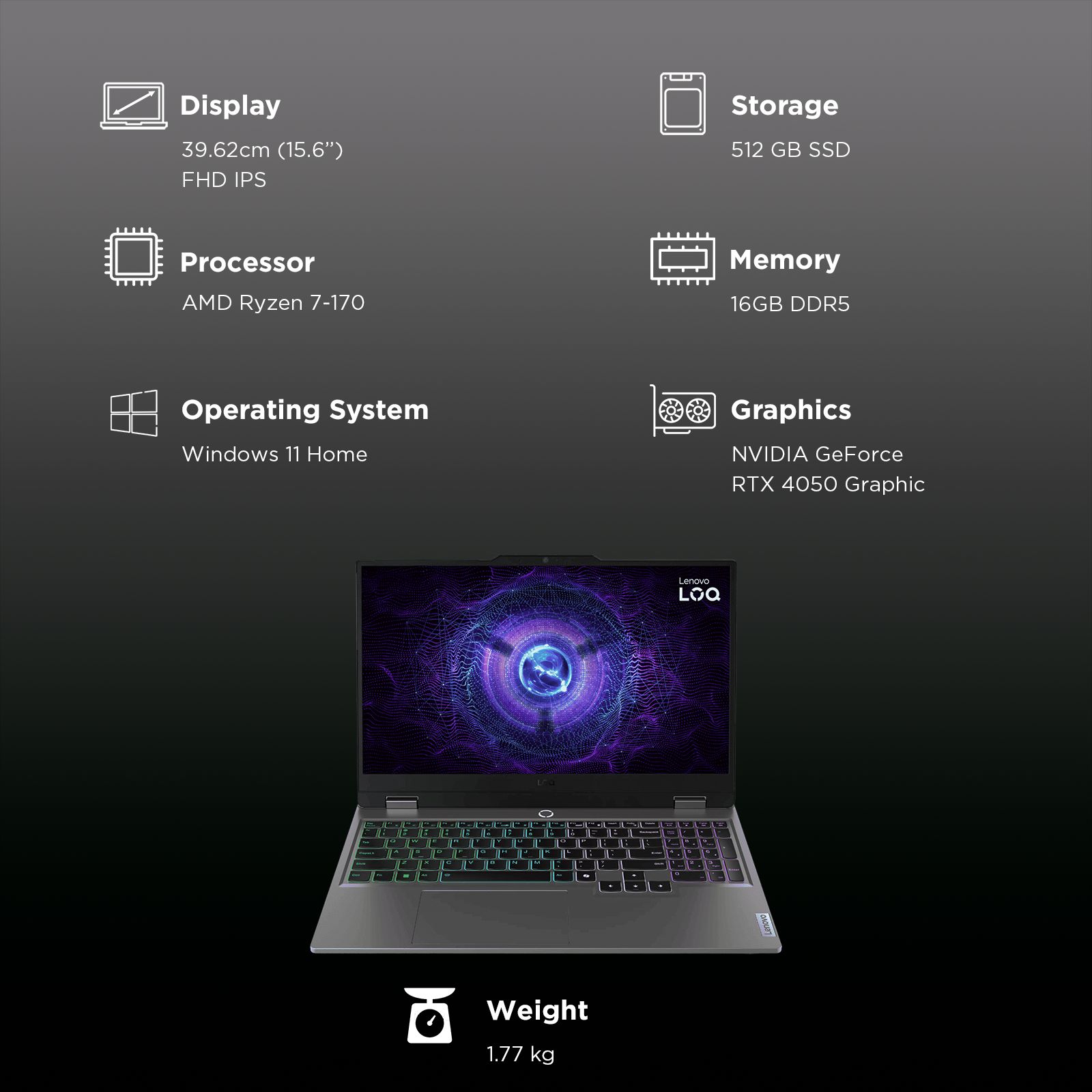 Lenovo LOQ 15ARP10E AMD Ryzen 7 170 Gaming Laptop (16GB, 512GB SSD, Windows 11 Home, 6GB Graphics, 15.6 inch 144 Hz Full HD IPS Display, NVIDIA GeForce RTX 4050, MS Office 2024, Luna Grey, 1.77 KG)_3