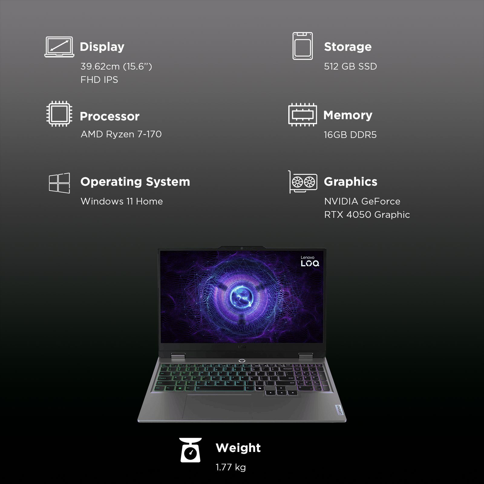 Lenovo LOQ 15ARP10E AMD Ryzen 7 170 Gaming Laptop (16GB, 512GB SSD, Windows 11 Home, 6GB Graphics, 15.6 inch 144 Hz Full HD IPS Display, NVIDIA GeForce RTX 4050, MS Office 2024, Luna Grey, 1.77 KG)_10