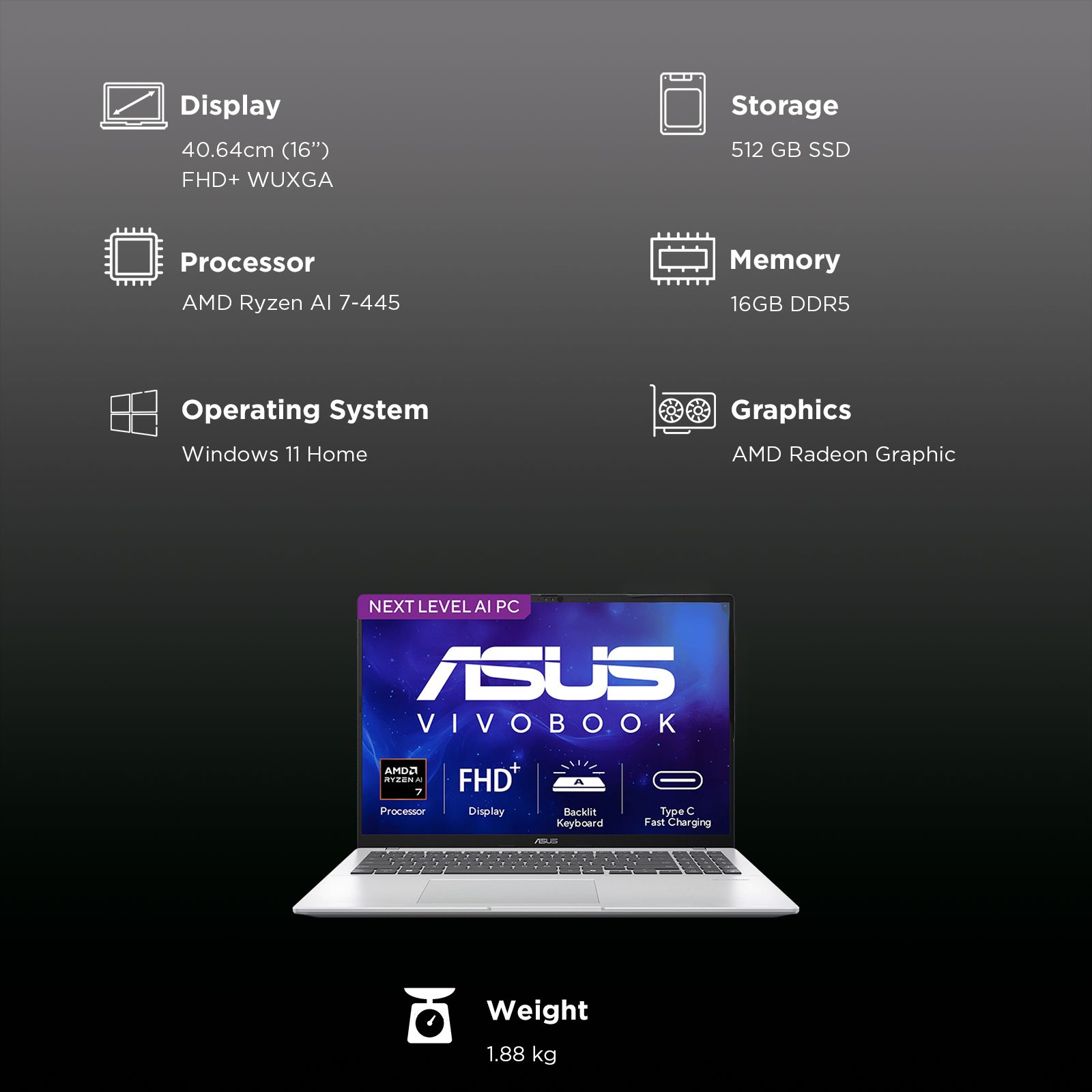 ASUS Vivobook 16 AMD Ryzen AI 7 Thin and Light Laptop (16GB, 512GB SSD, Windows 11 Home, 16 inch WUXGA IPS Display, MS Office Home 2024, Cool Silver, 1.88 KG) ASUS Vivobook 16 AMD Ryzen AI 7 Thin and Light Laptop (16GB, 512GB SSD, Windows 11 Home, 16 inch WUXGA IPS Display, MS Office Home 2024, Cool Silver, 1.88 KG)_3