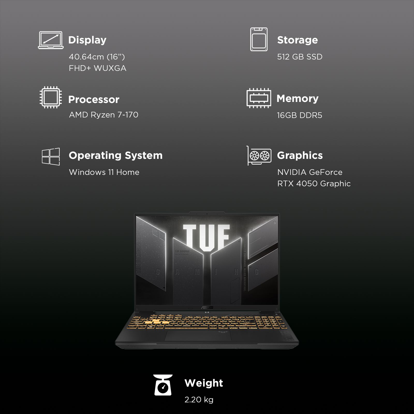 Asus TUF A16 AMD Ryzen 7 170 Gaming Laptop (16GB, 512GB SSD, Windows 11 Home, 6GB Graphics, 16 inch 144 Hz Full HD+ WUXGA Display, NVIDIA GeForce RTX 4050, MS Office Home 2024, Mecha Gray, 2.20 KG)_3