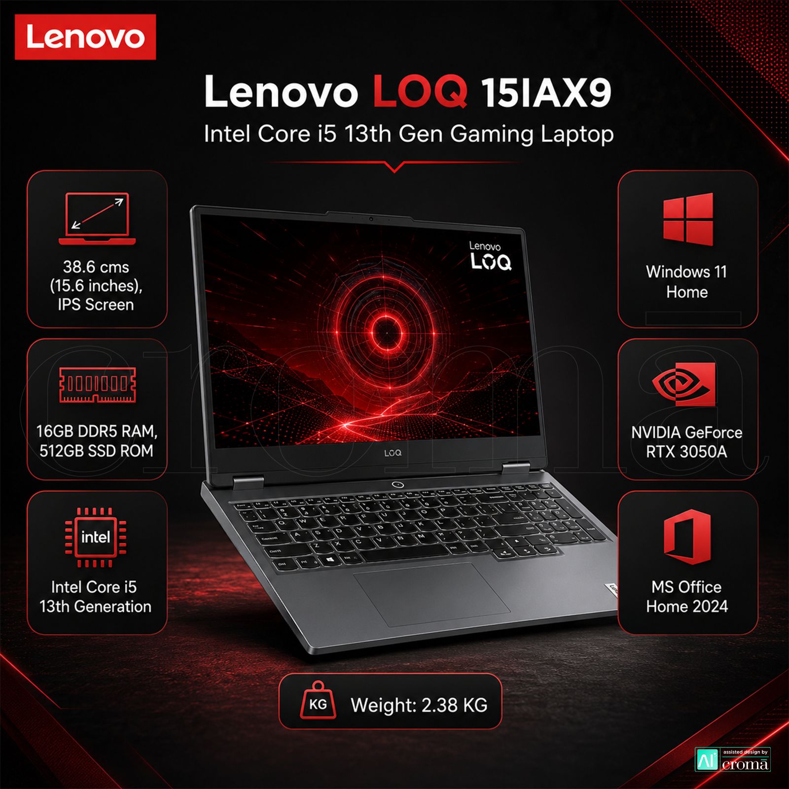 Lenovo LOQ 15IAX9 Intel Core i5 13th Gen Gaming Laptop (16GB, 512GB SSD, Windows 11 Home, 4GB Graphics, 15.6 inch 144 Hz Full HD IPS Display, NVIDIA GeForce RTX 3050A, MS Office 2024, Luna Grey, 2.38 KG) Lenovo LOQ 15IAX9 Intel Core i5 13th Gen Gaming Laptop (16GB, 512GB SSD, Windows 11 Home, 4GB Graphics, 15.6 inch 144 Hz Full HD IPS Display, NVIDIA GeForce RTX 3050A, MS Office 2024, Luna Grey, 2.38 KG)_2