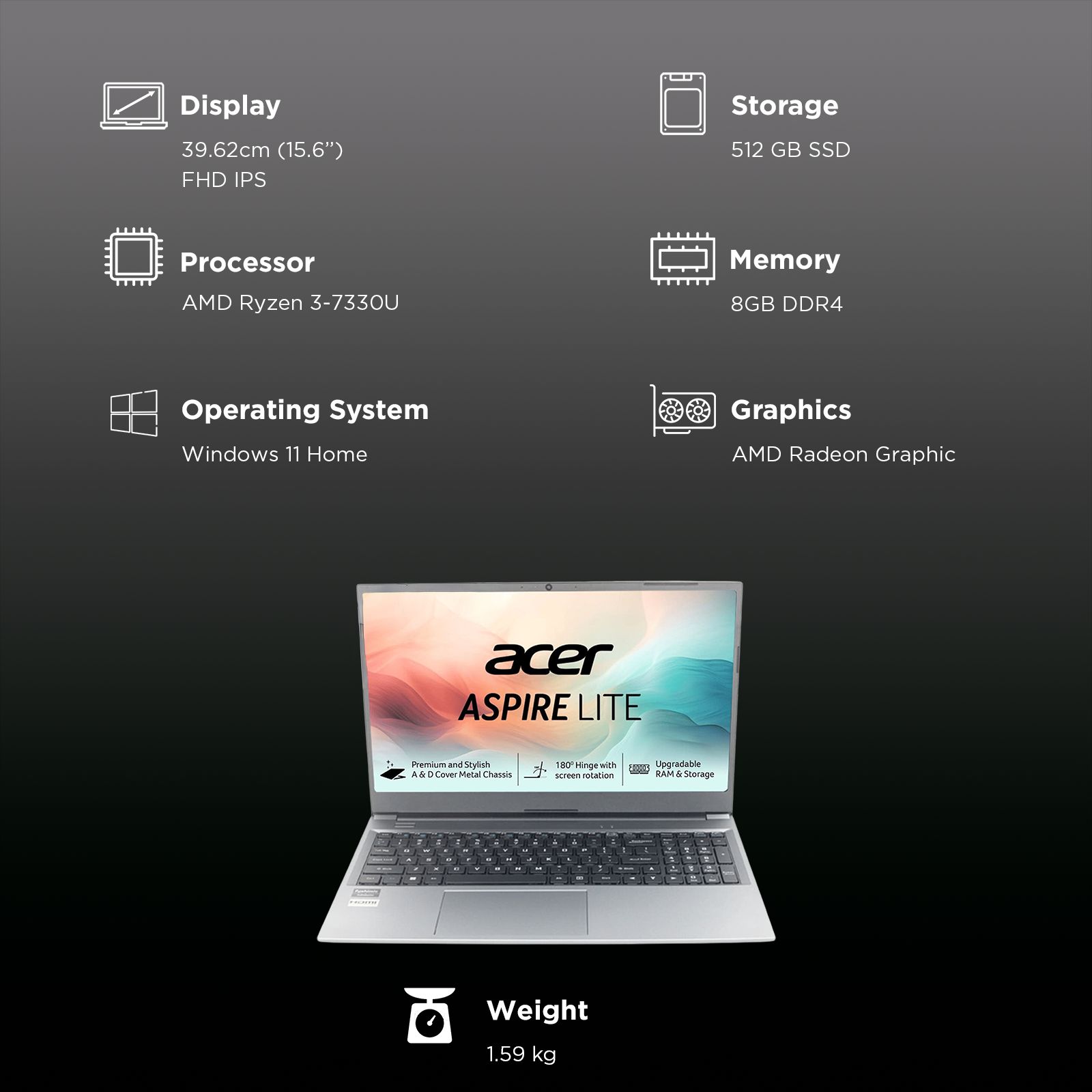 Acer Aspire Lite AMD Ryzen 3 7330U Thin & Light Laptop (8GB, 512GB SSD, Windows 11 Home, 15.6 inch Full HD IPS Display, MS Office, Steel Gray, 1.59 KG)_9