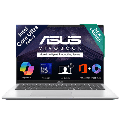 ASUS Vivobook 16 Intel Core Ultra 5 Thin & Light Laptop (16GB, 512GB SSD, Windows 11 Home, 16 inch WUXGA IPS Display, MS Office Home 2024, Cool Silver, 1.88 KG)