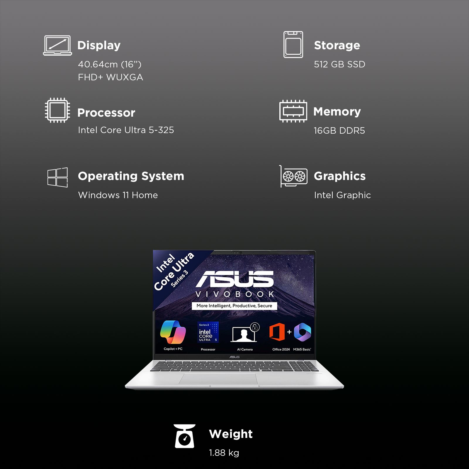 ASUS Vivobook 16 Intel Core Ultra 5 Thin & Light Laptop (16GB, 512GB SSD, Windows 11 Home, 16 inch WUXGA IPS Display, MS Office Home 2024, Cool Silver, 1.88 KG) ASUS Vivobook 16 Intel Core Ultra 5 Thin & Light Laptop (16GB, 512GB SSD, Windows 11 Home, 16 inch WUXGA IPS Display, MS Office Home 2024, Cool Silver, 1.88 KG)_13