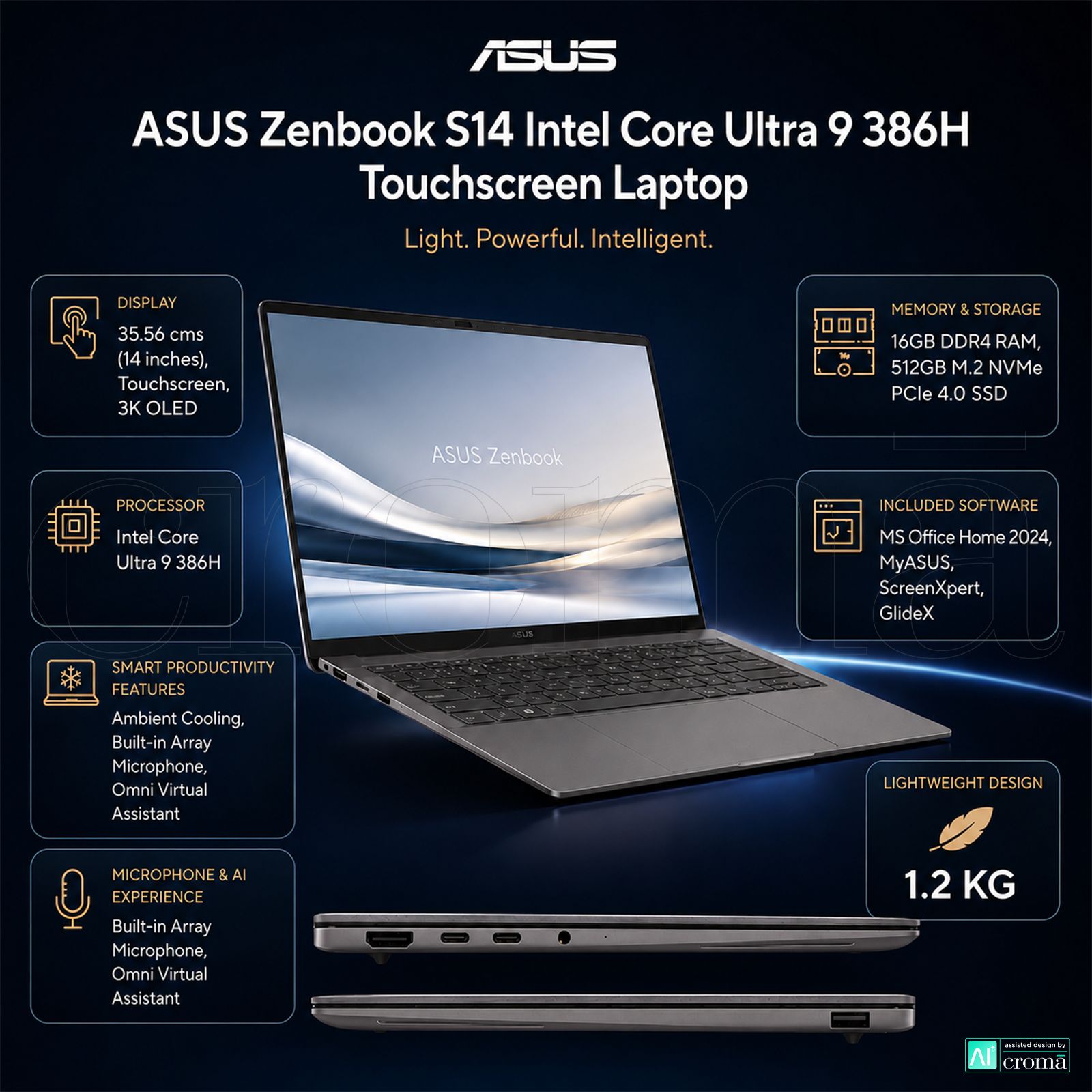 ASUS Zenbook S14 Intel Core Ultra 9 386H Touchscreen Laptop (16GB, 512GB SSD, Windows 11 Home, 14 inch 3K OLED Display, MS Office 2024, Antrim Gray, 1.2 KG)_2