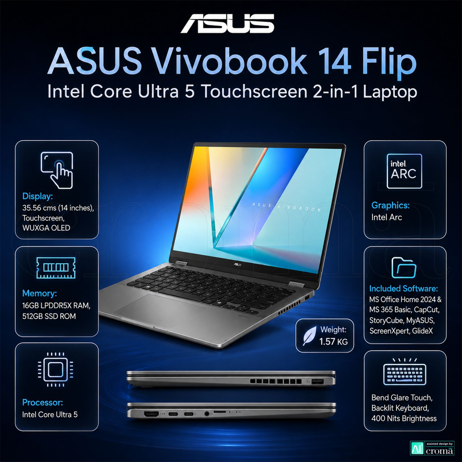 ASUS Vivobook 14 Flip Intel Core Ultra 5 Touchscreen 2-in-1 Laptop (16GB, 512GB SSD, Windows 11 Home, 14 inch WUXGA OLED Display, MS Office Home 2024 & MS 365 Basic, Matte Gray, 1.57 KG) ASUS Vivobook 14 Flip Intel Core Ultra 5 Touchscreen 2-in-1 Laptop (16GB, 512GB SSD, Windows 11 Home, 14 inch WUXGA OLED Display, MS Office Home 2024 & MS 365 Basic, Matte Gray, 1.57 KG)_2
