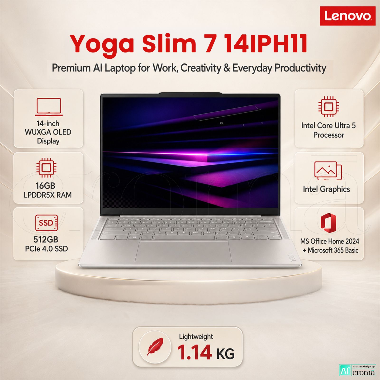 Lenovo Yoga Slim 7 14IPH11 Intel Core Ultra 5 Thin & Light Laptop (16GB, 512GB SSD, Windows 11 Home, 14 inch WUXGA OLED Display, MS Office 2024, Seashell, 1.14 KG)_2