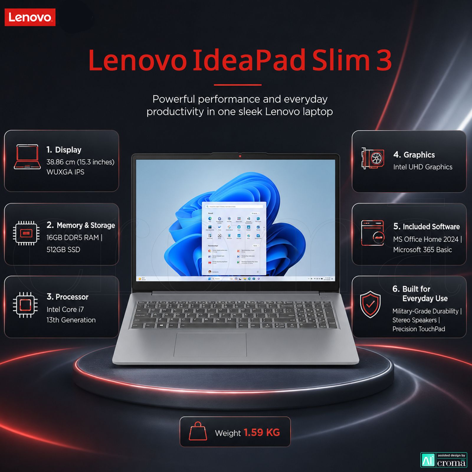 Lenovo IdeaPad Slim 3 15IRH10 Intel Core i7 13th Gen Thin & Light Laptop (16GB, 512GB SSD, Windows 11 Home, 15.3 inch WUXGA IPS Display, MS Office Home 2024, Luna Grey, 1.59 KG) Lenovo IdeaPad Slim 3 15IRH10 Intel Core i7 13th Gen Thin & Light Laptop (16GB, 512GB SSD, Windows 11 Home, 15.3 inch WUXGA IPS Display, MS Office Home 2024, Luna Grey, 1.59 KG)_2