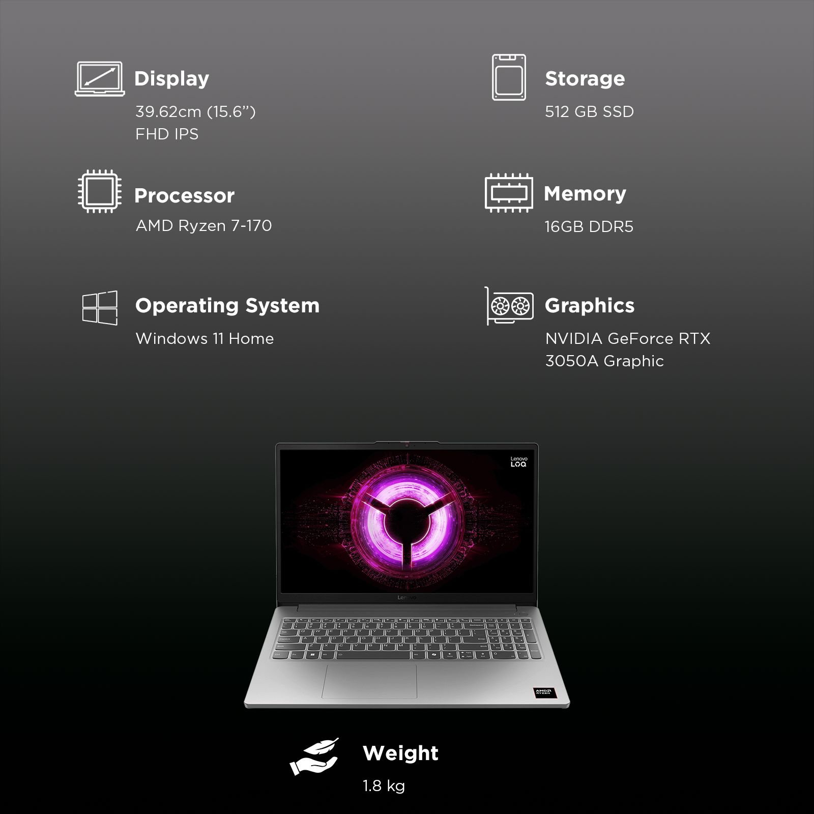 Lenovo LOQ 15ARP10E AMD Ryzen 7 170 Gaming Laptop (16GB, 512GB SSD, Windows 11 Home, 4GB Graphics, 15.6 inch 144 Hz Full HD IPS Display, NVIDIA GeForce RTX 3050A, MS Office Home 2024, Luna Grey, 1.8 KG) Lenovo LOQ 15ARP10E AMD Ryzen 7 170 Gaming Laptop (16GB, 512GB SSD, Windows 11 Home, 4GB Graphics, 15.6 inch 144 Hz Full HD IPS Display, NVIDIA GeForce RTX 3050A, MS Office Home 2024, Luna Grey, 1.8 KG)_4