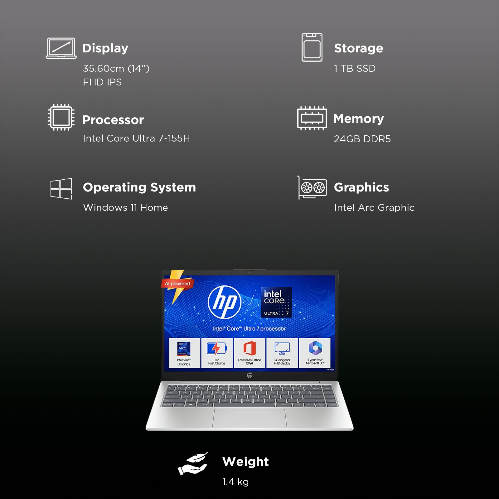 HP 14-ep1182TU Intel Core Ultra 7 Thin & Light Laptop (24GB, 1 TB SSD, Windows 11 Home, 14 inch Full HD IPS Display, MS Office 2024, Natural Silver, 1.40 KG)_15