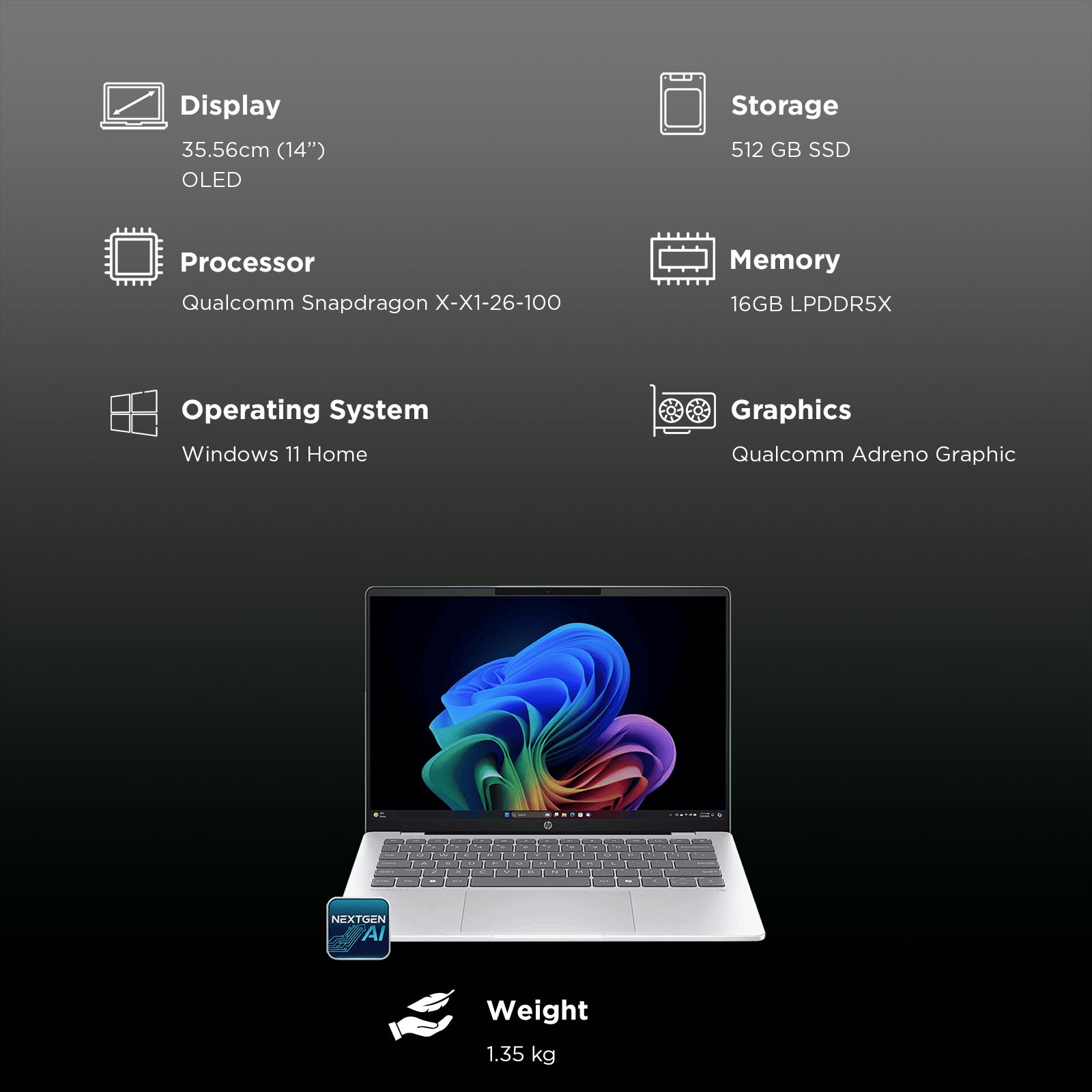 HP OmniBook 5 14-he0014QU Qualcomm Snapdragon X Thin & Light Laptop (16GB, 512GB SSD, Windows 11 Home, 14 inch 2K OLED Display, MS Office Home 2024, Glacier Silver, 1.35 KG)_3