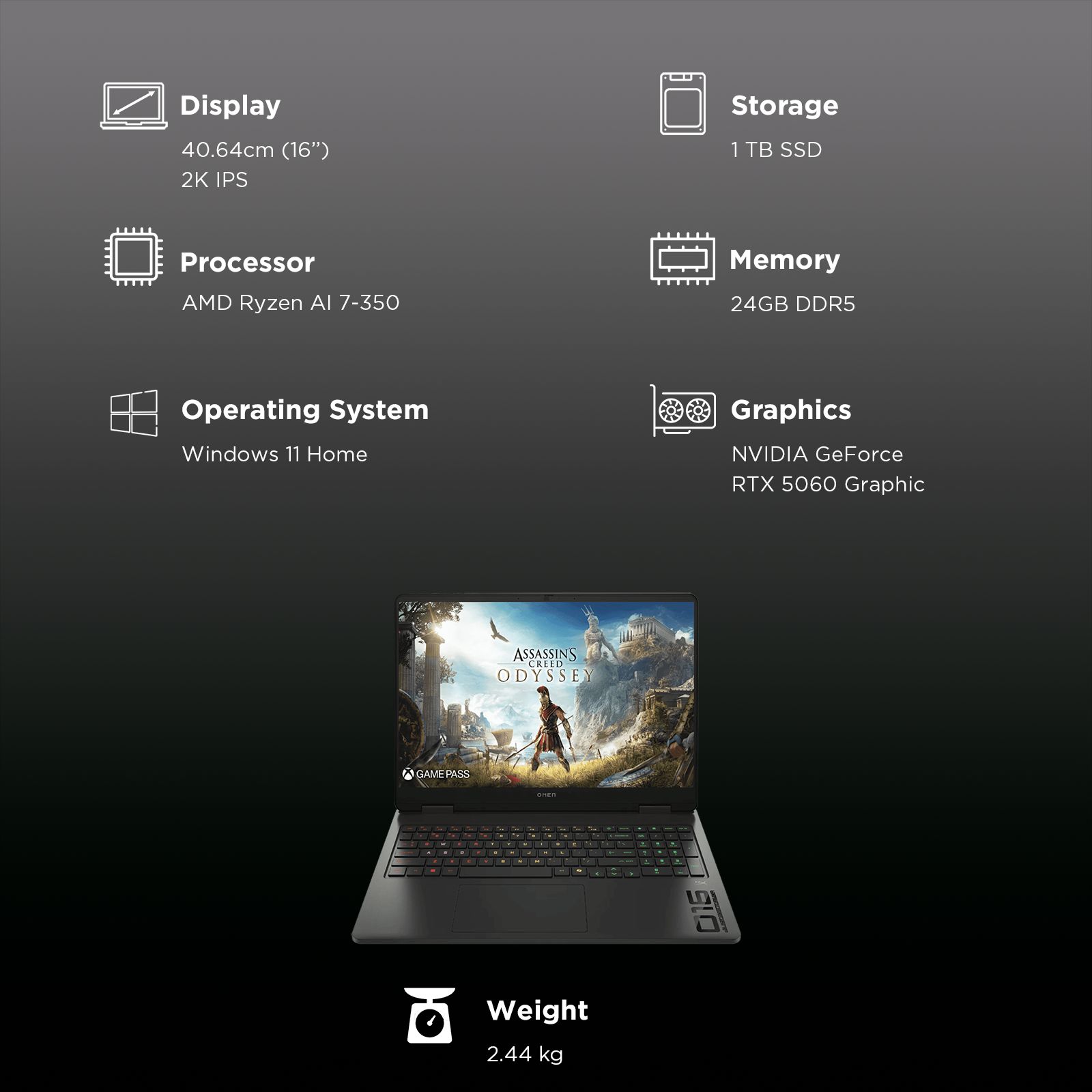 HP OMEN 16 AMD Ryzen AI 7 Gaming Laptop (24GB, 1TB SSD, Windows 11 Home, 8GB Graphics, 16 inch 165 Hz 2K IPS Display, NVIDIA GeForce RTX 5060, MS Office Home 2024, Shadow Black, 2.44 KG)_11