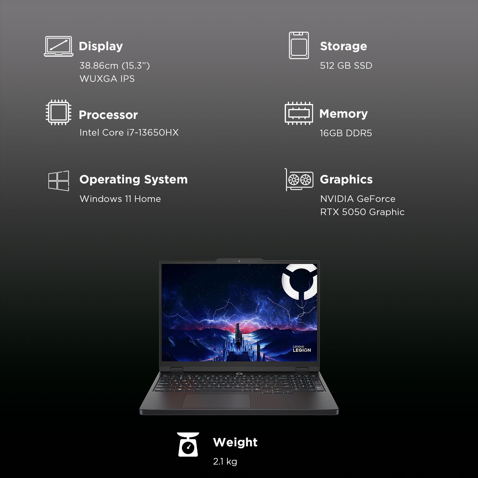 Lenovo Legion 5 15IRX10 Intel Core i7 13th Gen Gaming Laptop (16GB, 512GB SSD, Windows 11 Home, 8GB Graphics, 15.3 Inch 165 Hz WUXGA IPS Display, NVIDIA GeForce RTX 5050, MS Office Home 2024, Eclipse Black, 2.1 KG)_7