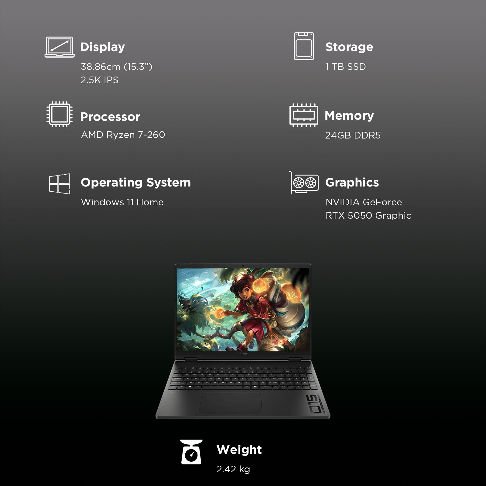 HP HyperX OMEN 15-gb0038AX AMD Ryzen 7 Gaming Laptop (24GB, 1TB SSD, Windows 11 Home, 8GB Graphics, 15.3 inch 180 Hz 2.5K IPS Display, NVIDIA GeForce RTX 5050, MS Office 2024, Shadow Black, 2.42 KG) HP HyperX OMEN 15-gb0038AX AMD Ryzen 7 Gaming Laptop (24GB, 1TB SSD, Windows 11 Home, 8GB Graphics, 15.3 inch 180 Hz 2.5K IPS Display, NVIDIA GeForce RTX 5050, MS Office 2024, Shadow Black, 2.42 KG)_11