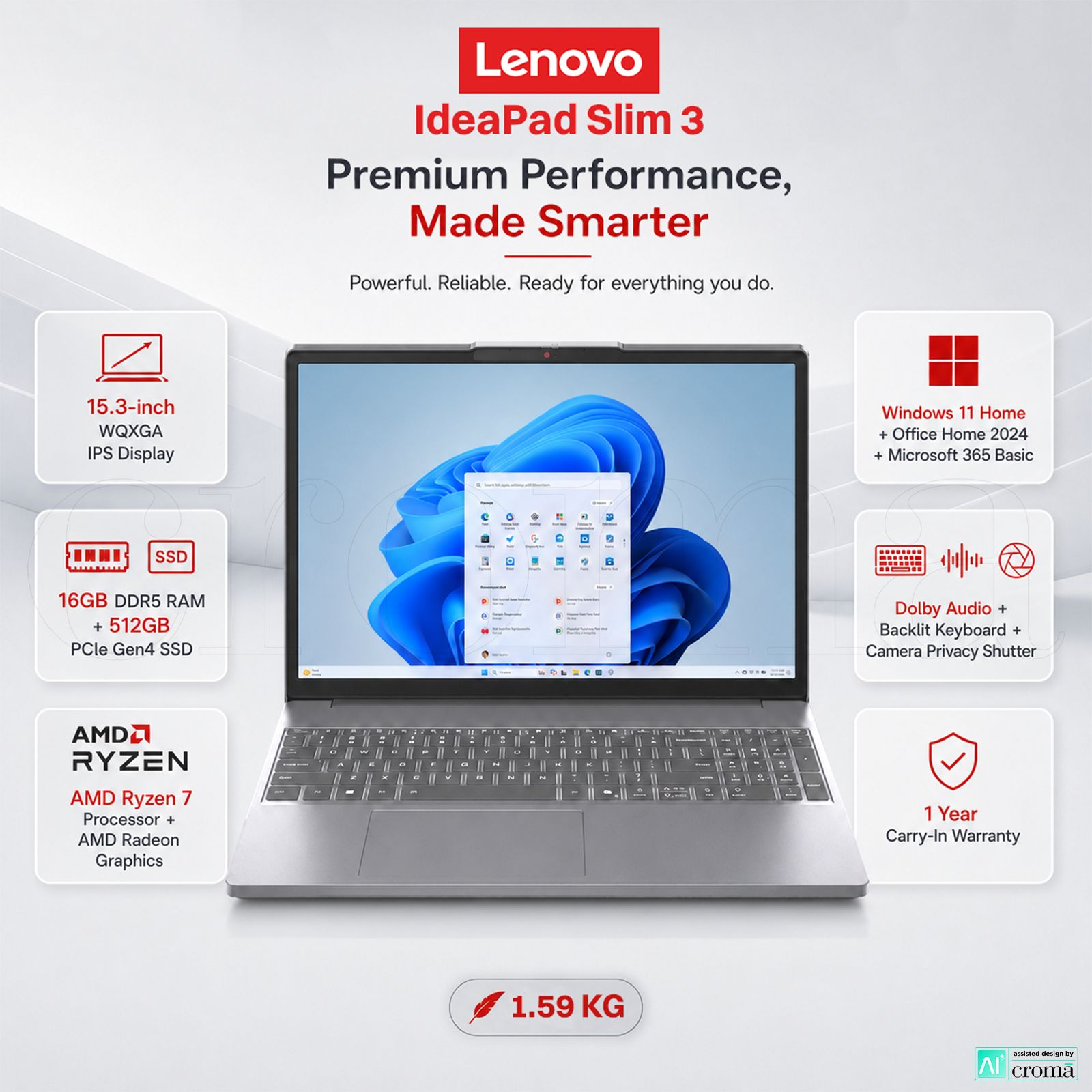 Lenovo IdeaPad Slim 3 15ARP10 AMD Ryzen 7 Thin & Light (16GB, 512GB SSD, Windows 11 Home, 15.3 inch WUXGA IPS Display, MS Office Home 2024, Luna Grey, 1.59 KG)_2