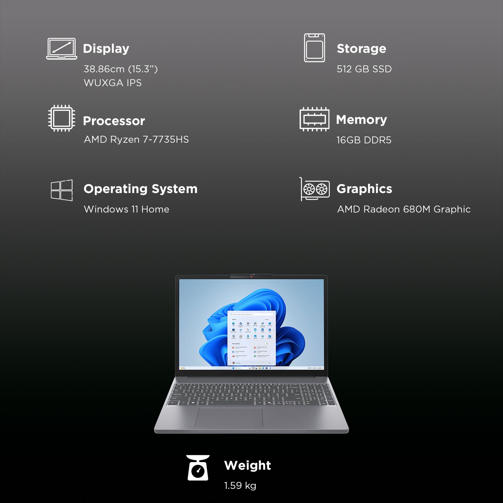 Lenovo IdeaPad Slim 3 15ARP10 AMD Ryzen 7 Thin & Light (16GB, 512GB SSD, Windows 11 Home, 15.3 inch WUXGA IPS Display, MS Office Home 2024, Luna Grey, 1.59 KG)_9