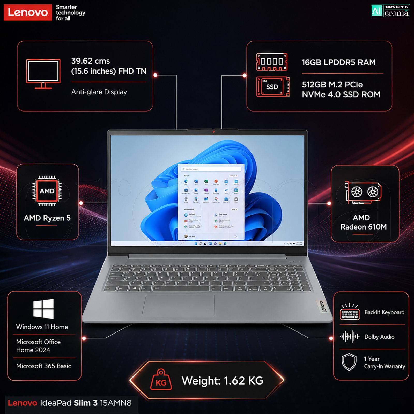 Lenovo IdeaPad Slim 3 15AMN8 AMD Ryzen 5 Thin & Light (16GB, 512GB SSD, Windows 11 Home, 15.6 inch Full HD TN Display, MS Office Home 2024, Arctic Grey, 1.62 KG) Lenovo IdeaPad Slim 3 15AMN8 AMD Ryzen 5 Thin & Light (16GB, 512GB SSD, Windows 11 Home, 15.6 inch Full HD TN Display, MS Office Home 2024, Arctic Grey, 1.62 KG)_2