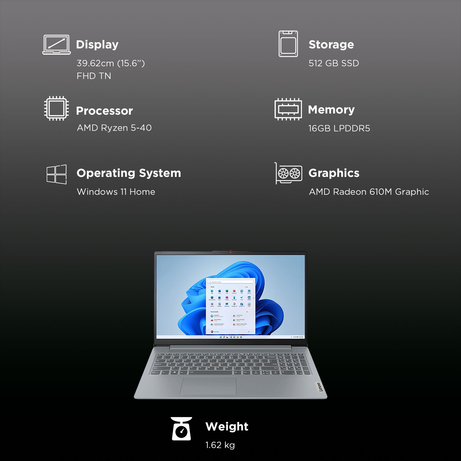 Lenovo IdeaPad Slim 3 15AMN8 AMD Ryzen 5 Thin & Light (16GB, 512GB SSD, Windows 11 Home, 15.6 inch Full HD TN Display, MS Office Home 2024, Arctic Grey, 1.62 KG)_3