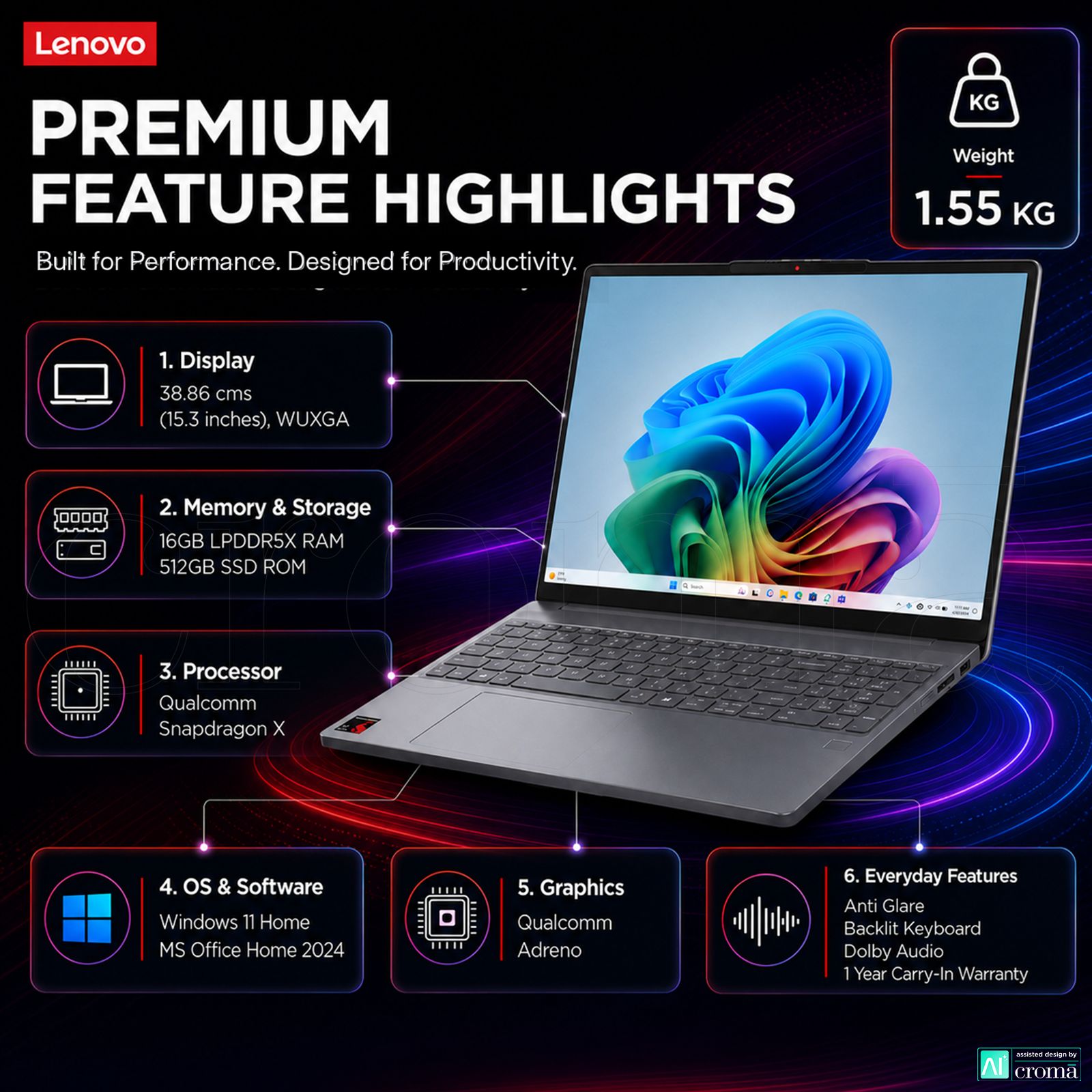 Lenovo IdeaPad Slim 3 15Q8X10 Qualcomm Snapdragon X Thin & Light Laptop (16GB, 512GB SSD, Windows 11 Home, 15.3 inch WUXGA IPS Display, MS Office Home 2024, Luna Grey, 1.55 KG) Lenovo IdeaPad Slim 3 15Q8X10 Qualcomm Snapdragon X Thin & Light Laptop (16GB, 512GB SSD, Windows 11 Home, 15.3 inch WUXGA IPS Display, MS Office Home 2024, Luna Grey, 1.55 KG)_2