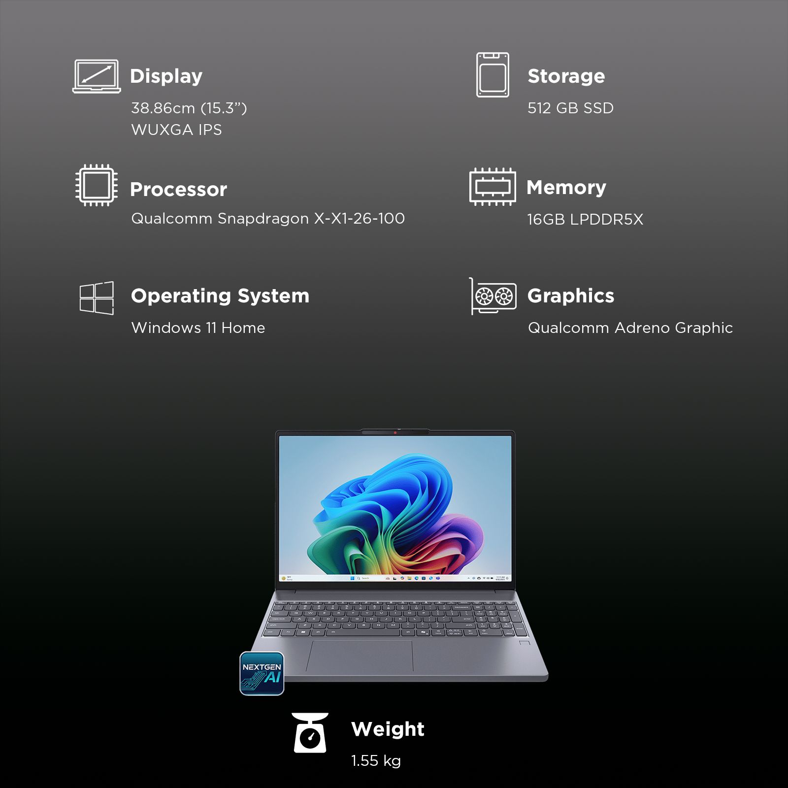 Lenovo IdeaPad Slim 3 15Q8X10 Qualcomm Snapdragon X Thin & Light Laptop (16GB, 512GB SSD, Windows 11 Home, 15.3 inch WUXGA IPS Display, MS Office Home 2024, Luna Grey, 1.55 KG) Lenovo IdeaPad Slim 3 15Q8X10 Qualcomm Snapdragon X Thin & Light Laptop (16GB, 512GB SSD, Windows 11 Home, 15.3 inch WUXGA IPS Display, MS Office Home 2024, Luna Grey, 1.55 KG)_3