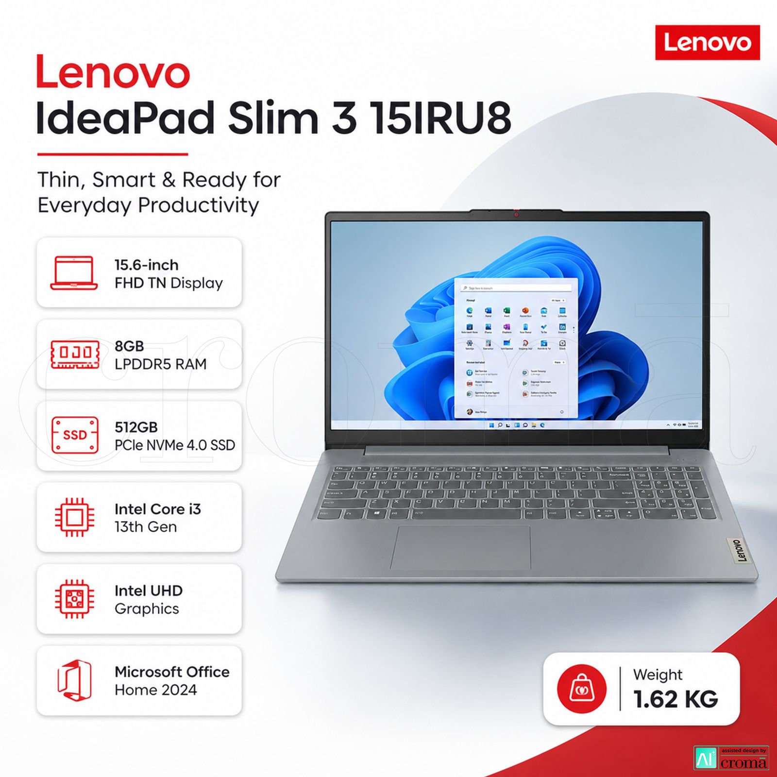 Lenovo IdeaPad Slim 3 15IRU8 Intel Core i3 13th Gen Thin & Light Laptop (8GB, 512GB SSD, Windows 11 Home, 15.6 inch Full HD TN Display, MS Office Home 2024, Arctic Grey, 1.62 KG)_2