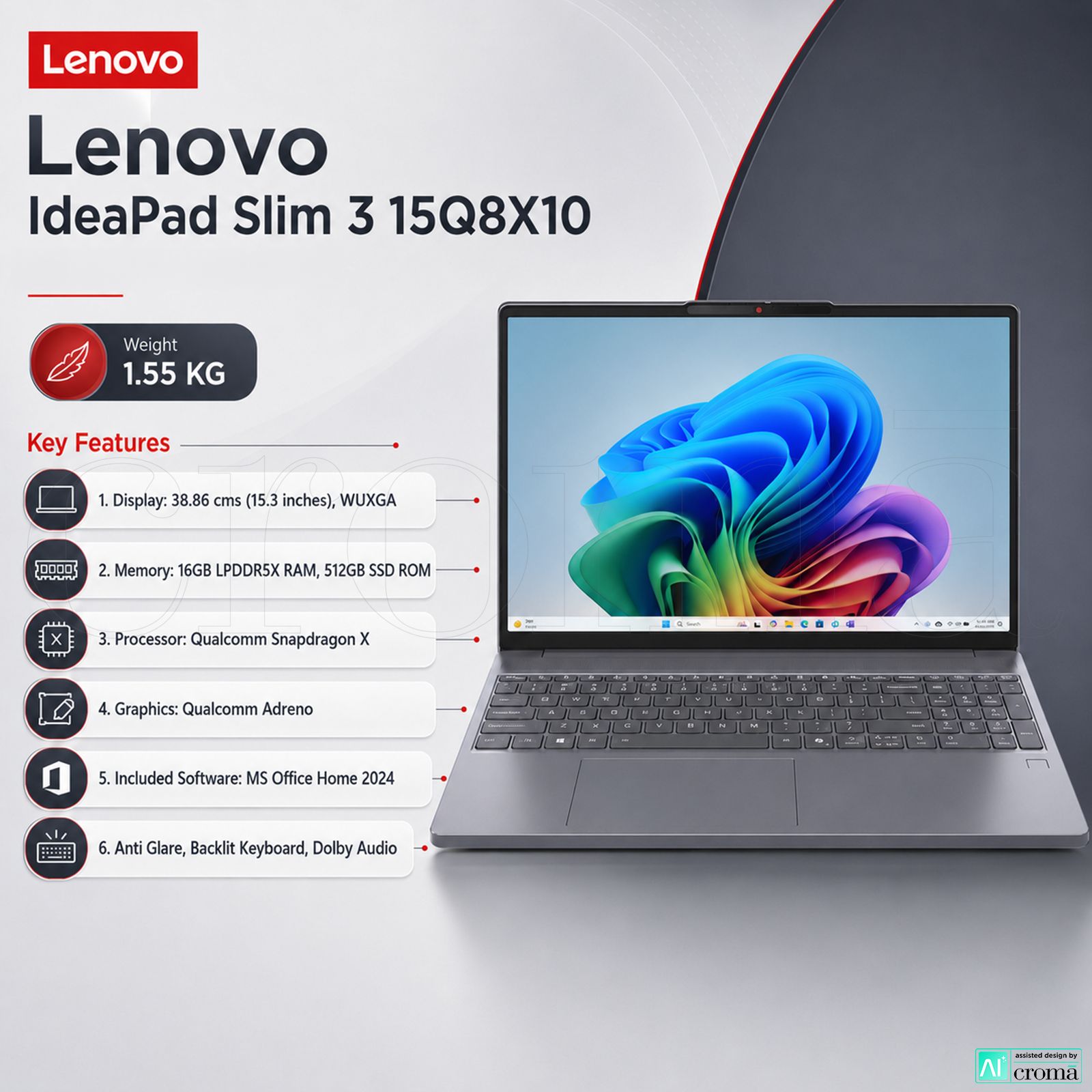 Lenovo IdeaPad Slim 3 15Q8X10 Qualcomm Snapdragon X Thin & Light Laptop (16GB, 512GB SSD, Windows 11 Home, 15.3 inch WUXGA IPS Display, MS Office Home 2024, Luna Grey, 1.55 KG)_2