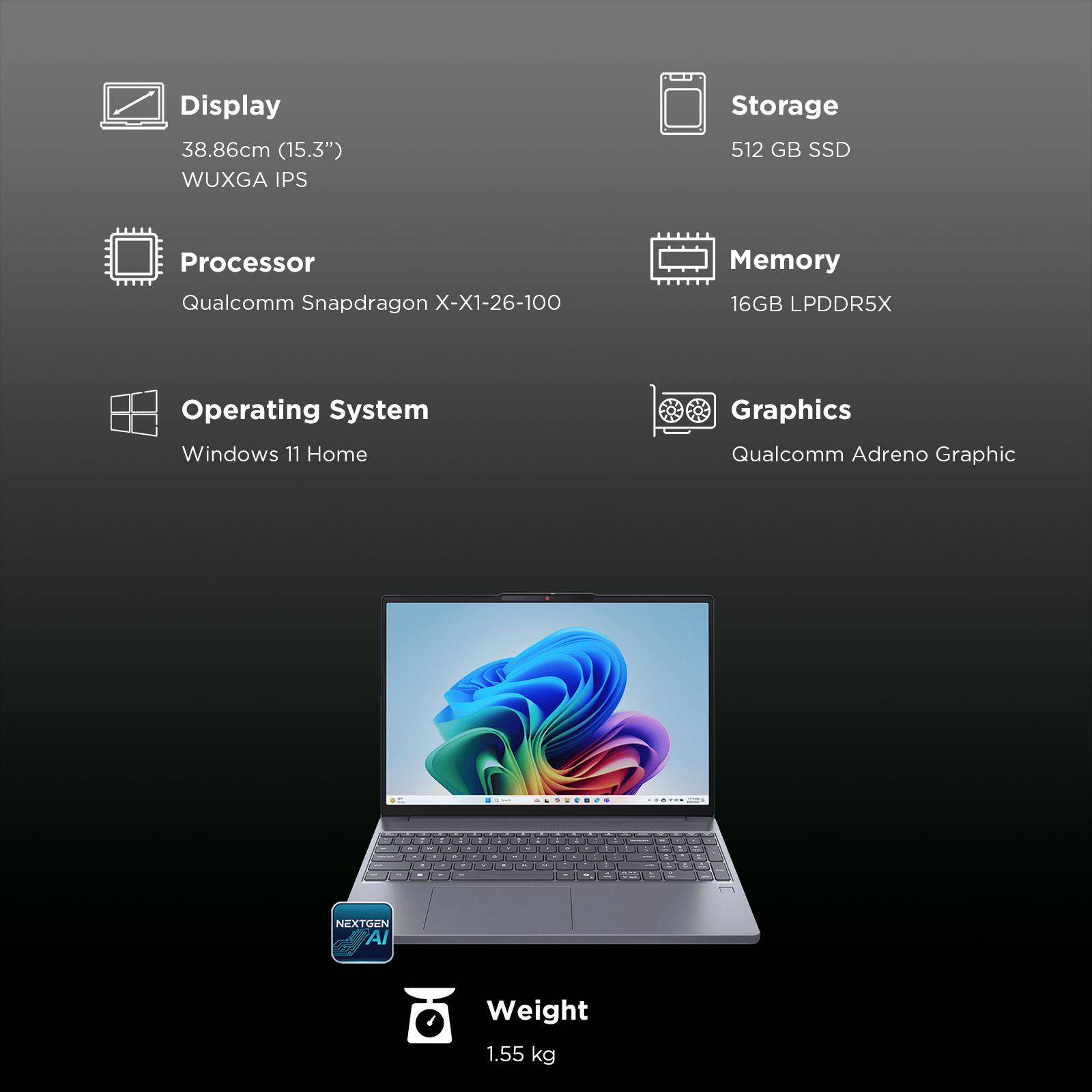 Lenovo IdeaPad Slim 3 15Q8X10 Qualcomm Snapdragon X Thin & Light Laptop (16GB, 512GB SSD, Windows 11 Home, 15.3 inch WUXGA IPS Display, MS Office Home 2024, Luna Grey, 1.55 KG)_9