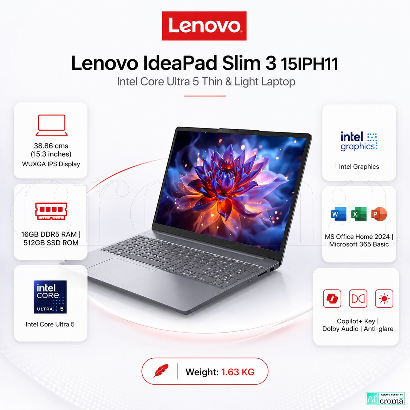 Lenovo IdeaPad Slim 3 15IPH11 Intel Core Ultra 5 Thin & Light Laptop (16GB, 512GB SSD, Windows 11 Home, 15.3 inch WUXGA IPS Display, MS Office Home 2024, Luna Grey, 1.63 KG) Lenovo IdeaPad Slim 3 15IPH11 Intel Core Ultra 5 Thin & Light Laptop (16GB, 512GB SSD, Windows 11 Home, 15.3 inch WUXGA IPS Display, MS Office Home 2024, Luna Grey, 1.63 KG)_2