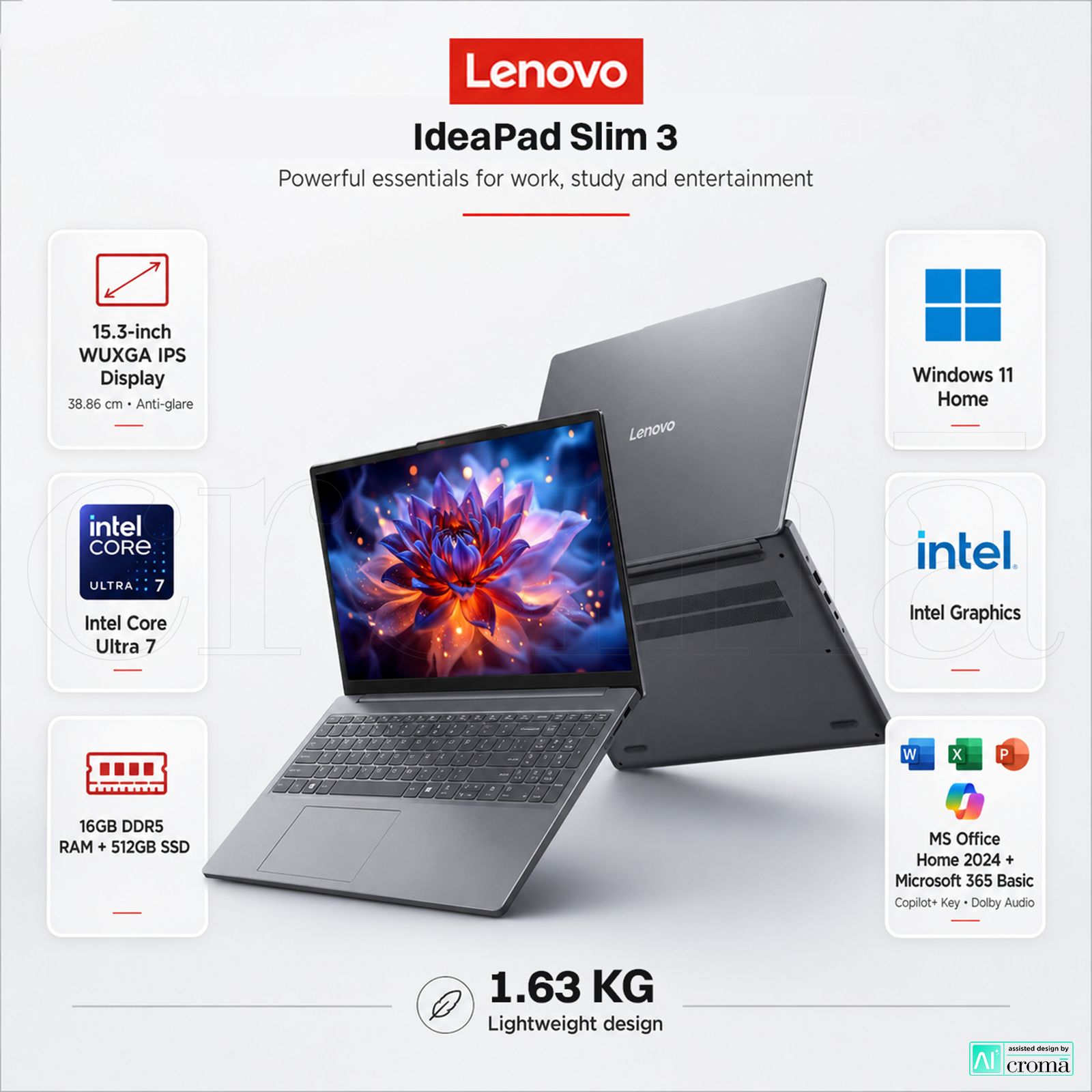 Lenovo IdeaPad Slim 3 15IPH11 Intel Core Ultra 7 Thin & Light Laptop (16GB, 512GB SSD, Windows 11 Home, 15.3 inch WUXGA IPS Display, MS Office Home 2024, Luna Grey, 1.63 KG) Lenovo IdeaPad Slim 3 15IPH11 Intel Core Ultra 7 Thin & Light Laptop (16GB, 512GB SSD, Windows 11 Home, 15.3 inch WUXGA IPS Display, MS Office Home 2024, Luna Grey, 1.63 KG)_2