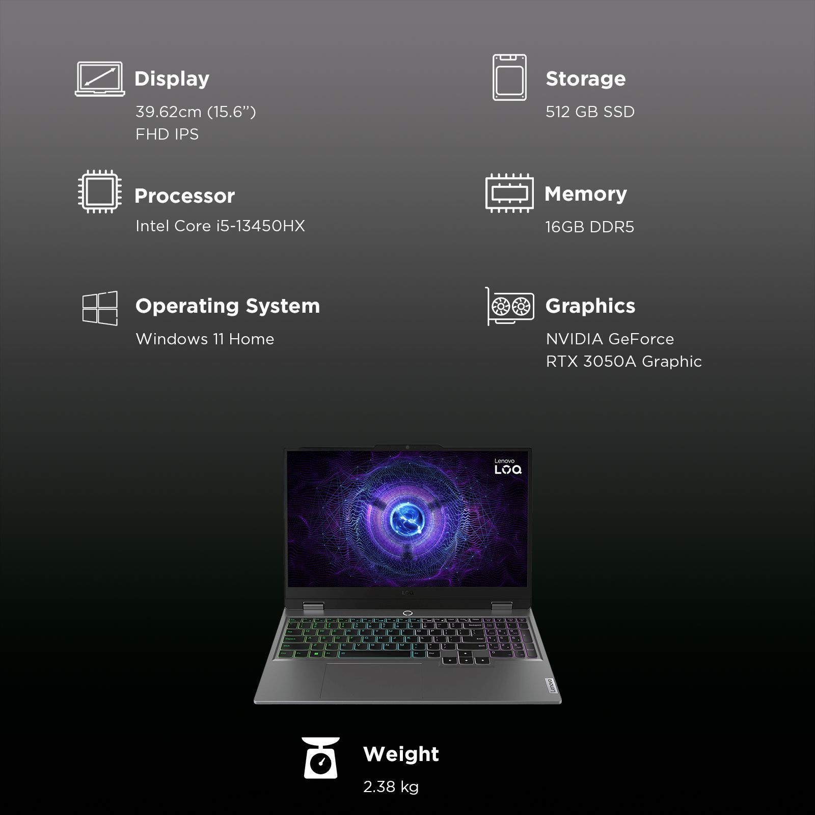 Lenovo LOQ 15IRX9 Intel Core i5 13th Gen Gaming Laptop (16GB, 512GB SSD, Windows 11 Home, 4GB Graphics, 15.6 Inch 144 Hz FHD IPS Display, NVIDIA GeForce RTX 3050A, MS Office Home 2024, Luna Grey, 2.38 KG) Lenovo LOQ 15IRX9 Intel Core i5 13th Gen Gaming Laptop (16GB, 512GB SSD, Windows 11 Home, 4GB Graphics, 15.6 Inch 144 Hz FHD IPS Display, NVIDIA GeForce RTX 3050A, MS Office Home 2024, Luna Grey, 2.38 KG)_5