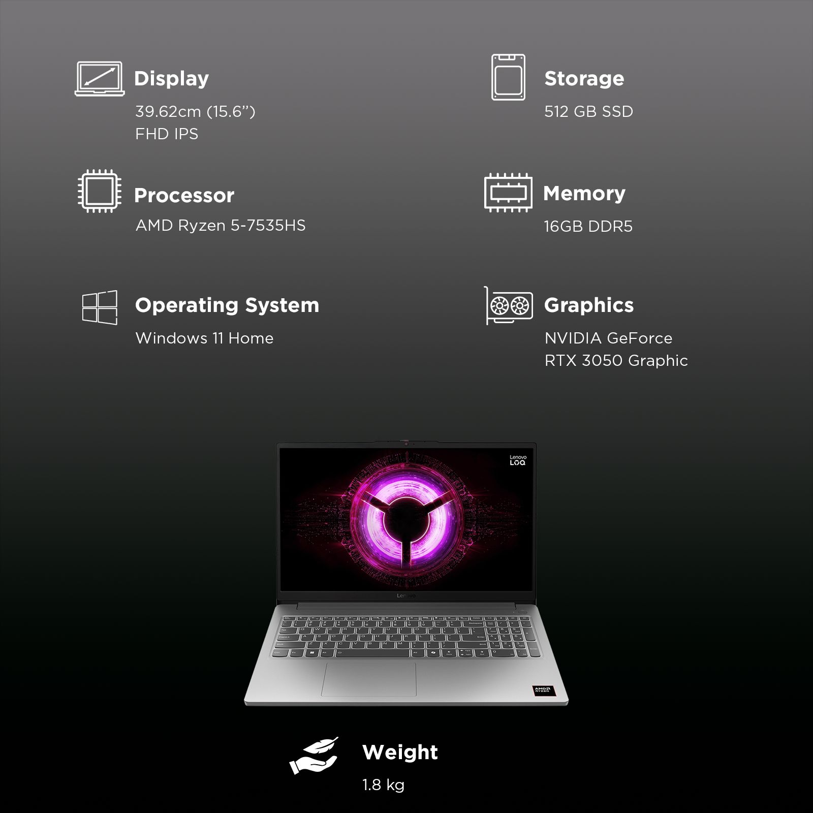 Lenovo LOQ 15ARP10E AMD Ryzen 5 Gaming Laptop (16GB, 512GB SSD, Windows 11 Home, 6GB Graphics, 15.6 Inch 144 Hz FHD IPS Display, NVIDIA GeForce RTX 3050, MS Office Home 2024, Luna Grey, 1.8 KG) Lenovo LOQ 15ARP10E AMD Ryzen 5 Gaming Laptop (16GB, 512GB SSD, Windows 11 Home, 6GB Graphics, 15.6 Inch 144 Hz FHD IPS Display, NVIDIA GeForce RTX 3050, MS Office Home 2024, Luna Grey, 1.8 KG)_8