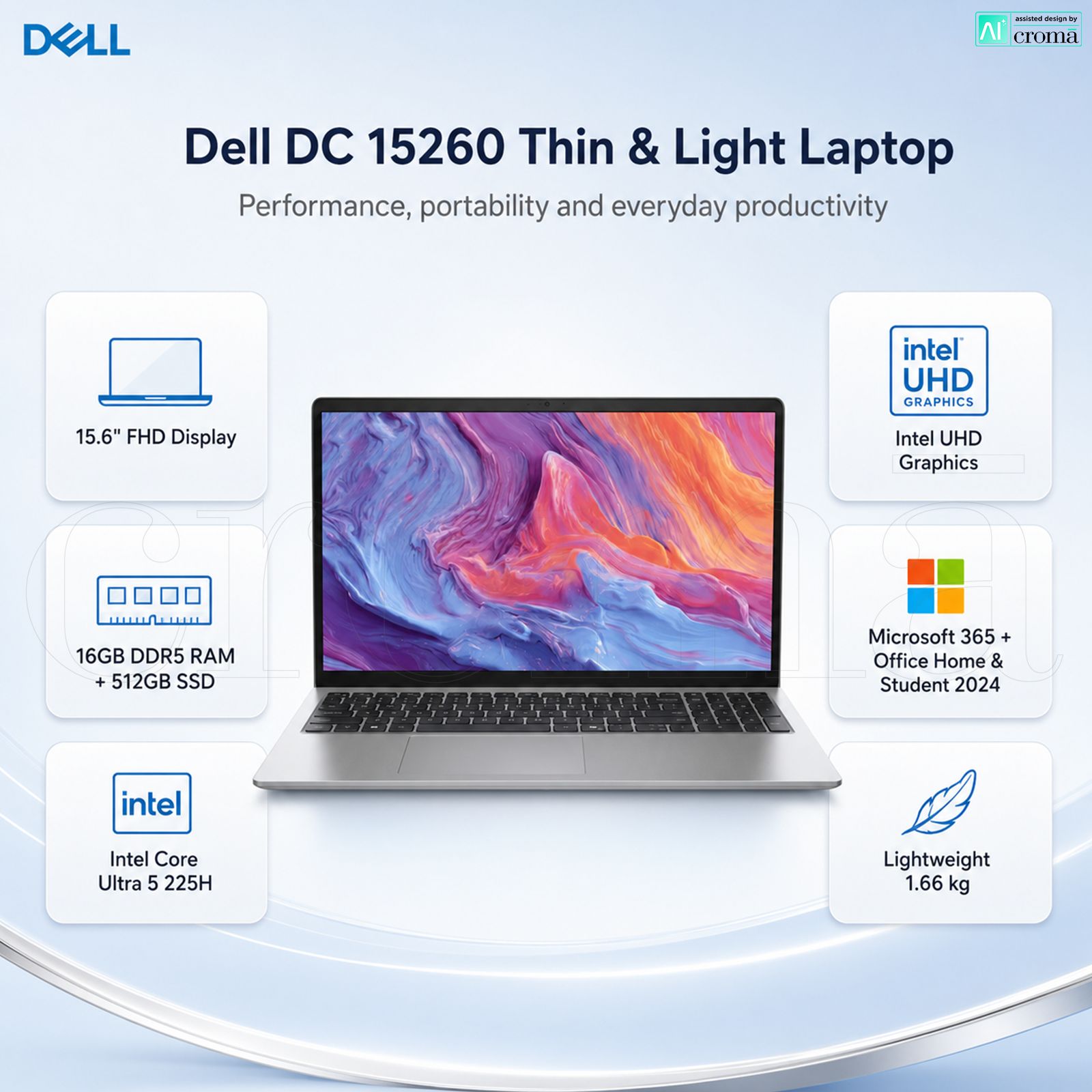 Dell DC 15260 Intel Core Ultra 5 225H Thin & Light Laptop (16GB, 512GB SSD, Windows 11 Home, 15.6 inch Full HD Anti-Glare Display, MS Office Home 2024, Platinum Silver, 1.66 KG)_2