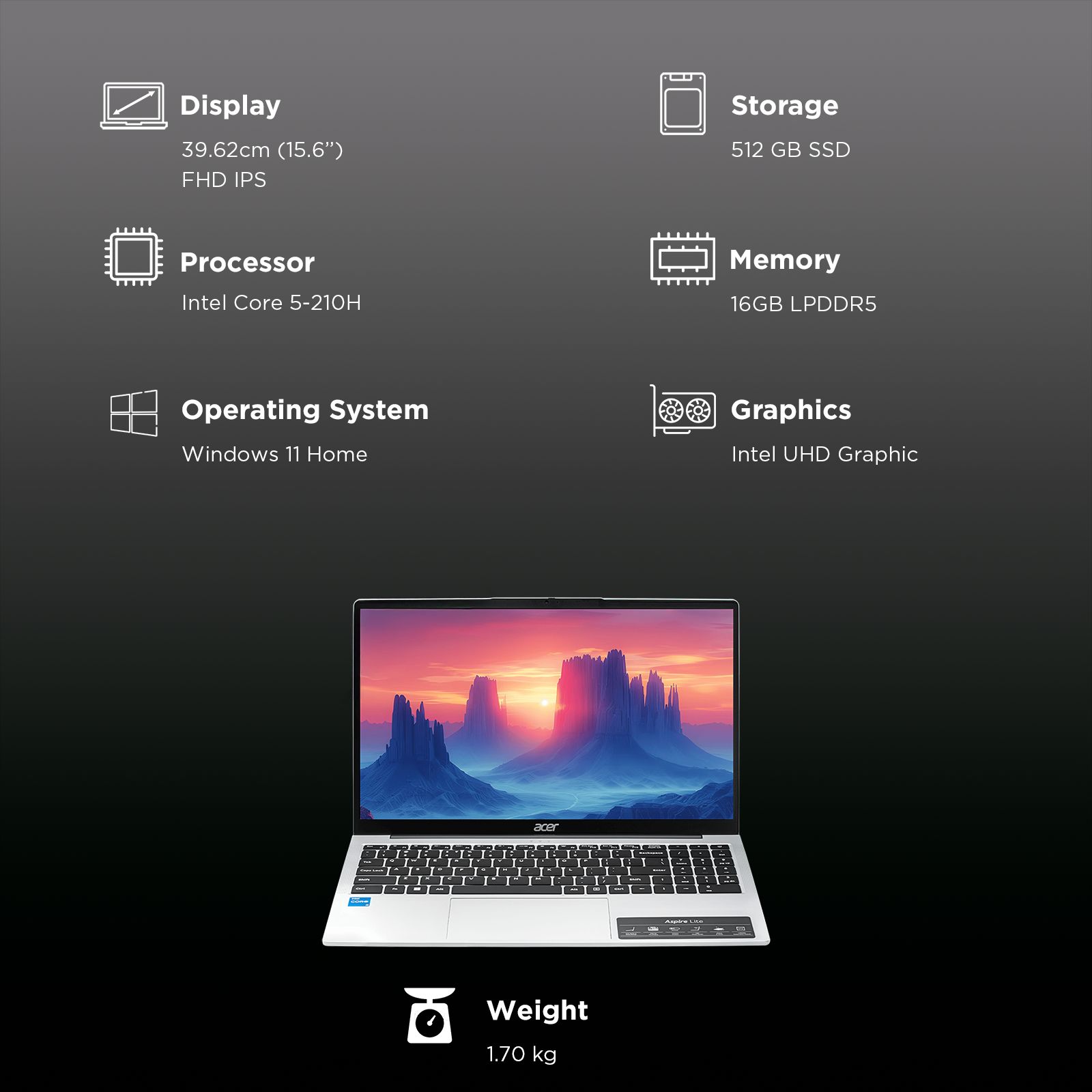 Acer Aspire Lite Intel Core 5 Laptop (16GB, 512GB SSD, Windows 11 Home, 15.6 inch FHD IPS Display, MS Office, Silver, 1.7 KG)_3