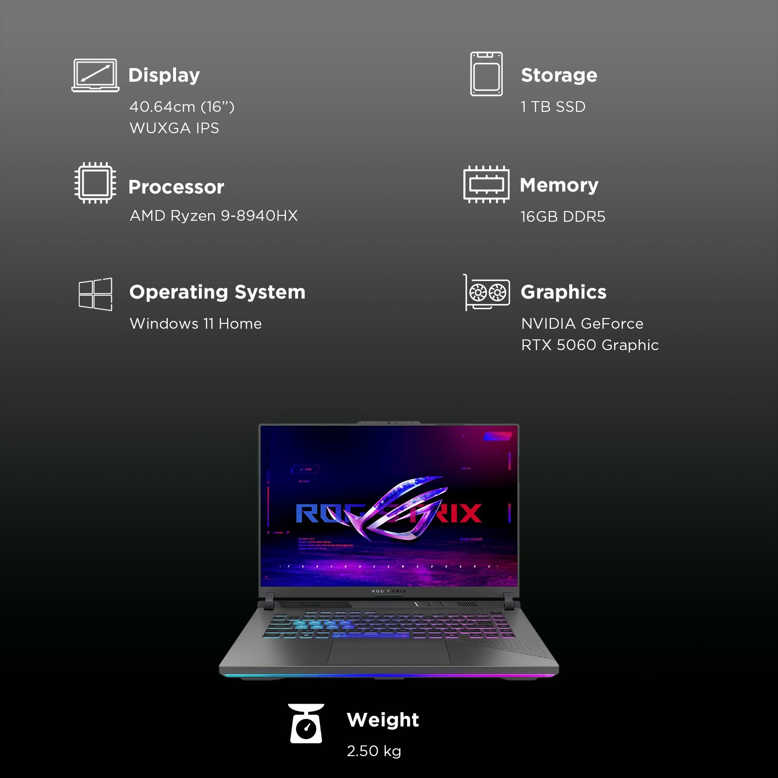 ASUS ROG Strix G16 AMD Ryzen 9 Gaming Laptop (16GB, 1TB SSD, Windows 11 Home, 8GB Graphics, 16 inch 240 Hz WQXGA IPS Display, NVIDIA GeForce RTX 5060, MS Office Home 2024, Eclipse Gray, 2.5KG) ASUS ROG Strix G16 AMD Ryzen 9 Gaming Laptop (16GB, 1TB SSD, Windows 11 Home, 8GB Graphics, 16 inch 240 Hz WQXGA IPS Display, NVIDIA GeForce RTX 5060, MS Office Home 2024, Eclipse Gray, 2.5KG)_11