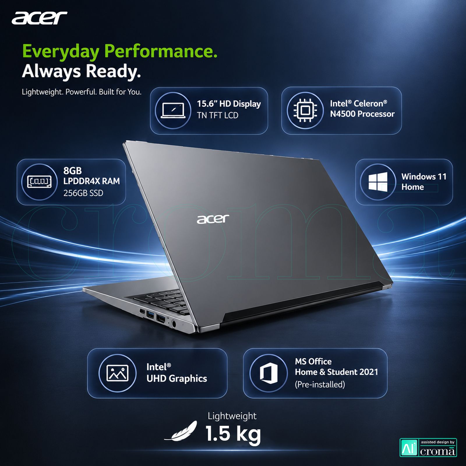 Acer Aspire 3 Intel Celeron N4500 Ultra Thin Laptop (8GB, 256GB SSD, Windows 11 Home, 15.6 inch HD TN TFT LCD Display, MS Office Home & Student 2021, Silver, 1.5 KG) Acer Aspire 3 Intel Celeron N4500 Ultra Thin Laptop (8GB, 256GB SSD, Windows 11 Home, 15.6 inch HD TN TFT LCD Display, MS Office Home & Student 2021, Silver, 1.5 KG)_2