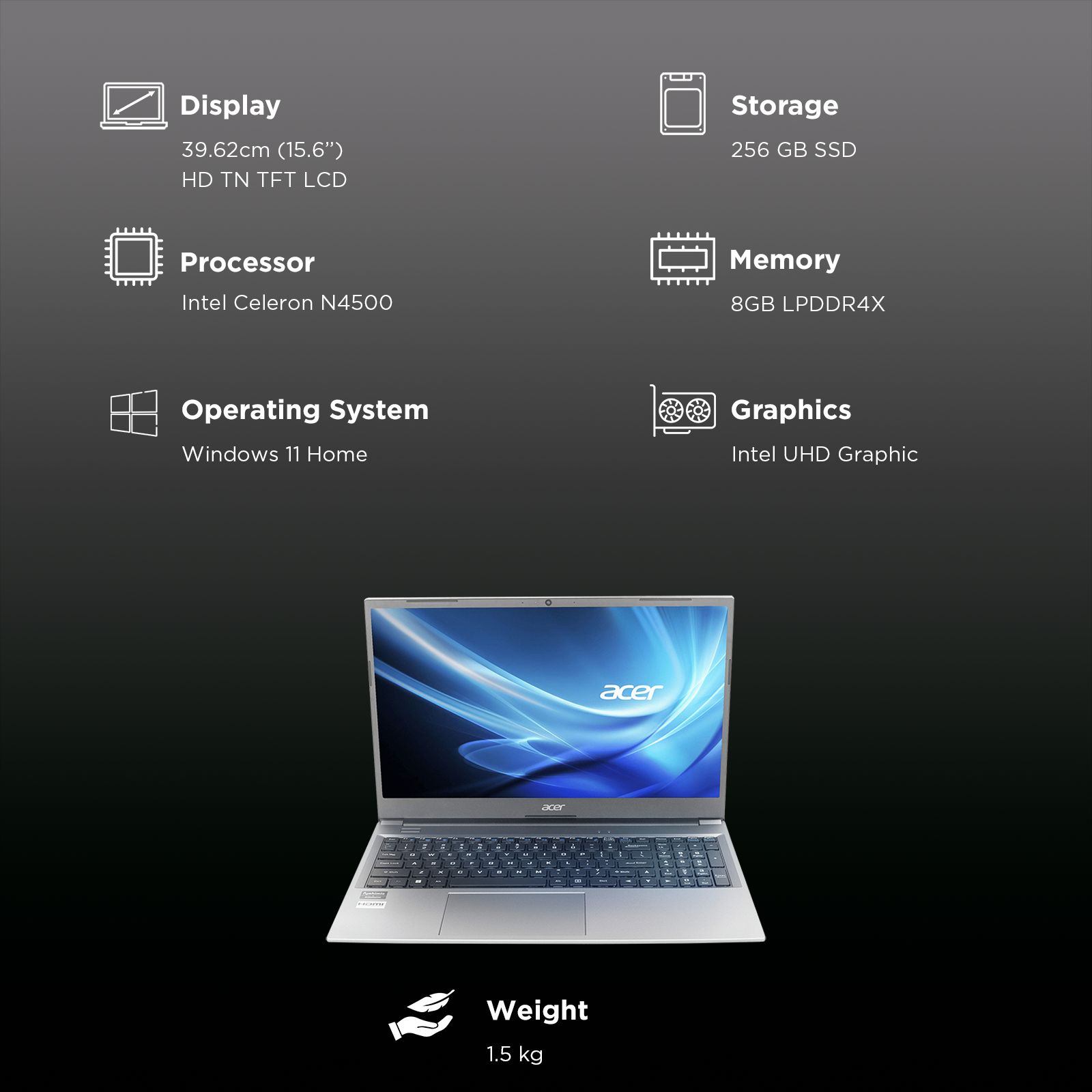 Acer Aspire 3 Intel Celeron N4500 Ultra Thin Laptop (8GB, 256GB SSD, Windows 11 Home, 15.6 inch HD TN TFT LCD Display, MS Office Home & Student 2021, Silver, 1.5 KG) Acer Aspire 3 Intel Celeron N4500 Ultra Thin Laptop (8GB, 256GB SSD, Windows 11 Home, 15.6 inch HD TN TFT LCD Display, MS Office Home & Student 2021, Silver, 1.5 KG)_9