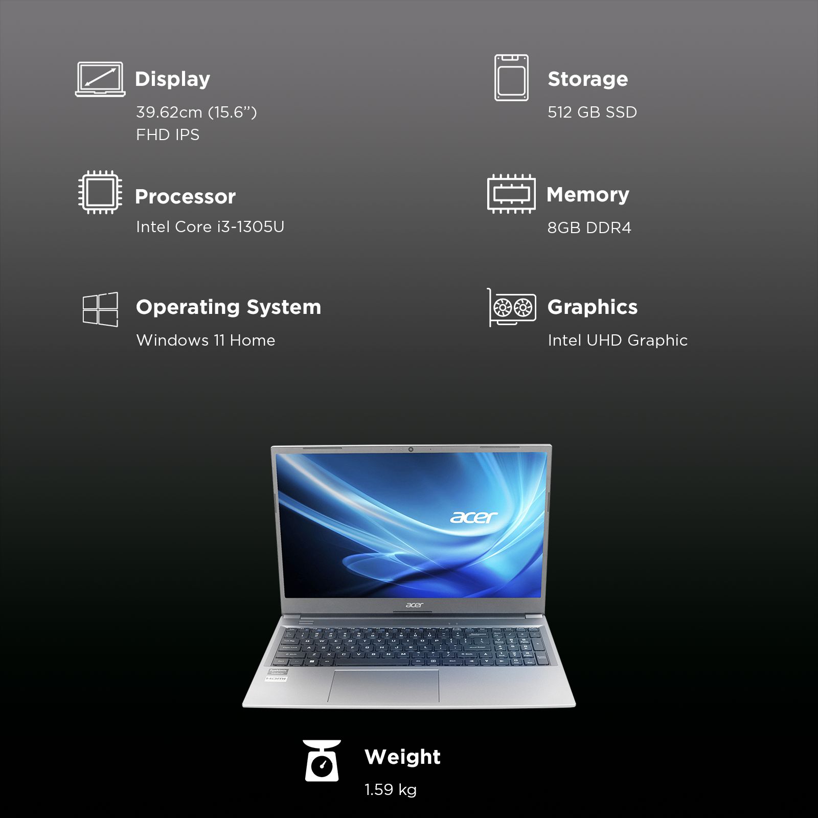 Acer Aspire Lite Intel Core i3 1305U 13th Gen Laptop (8GB, 512GB SSD, Windows 11 Home, 15.6 inch Full HD IPS Display, MS Office Home and Student 2021, Grey, 1.59 KG) Acer Aspire Lite Intel Core i3 1305U 13th Gen Laptop (8GB, 512GB SSD, Windows 11 Home, 15.6 inch Full HD IPS Display, MS Office Home and Student 2021, Grey, 1.59 KG)_9