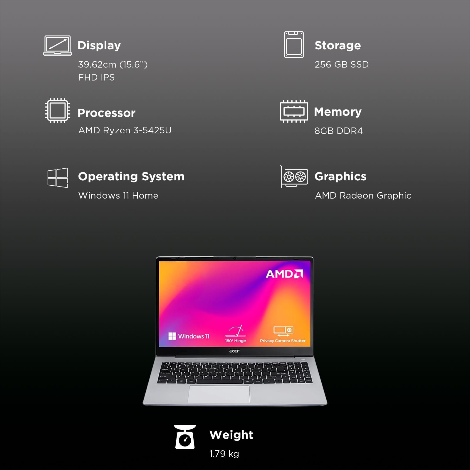 Acer Aspire 3 AMD Ryzen 3 5425U Laptop (8GB, 256GB SSD, Windows 11 Home, 15.6 inch Full HD IPS Display, MS Office Home & Student 2021, Silver, 1.79 KG) Acer Aspire 3 AMD Ryzen 3 5425U Laptop (8GB, 256GB SSD, Windows 11 Home, 15.6 inch Full HD IPS Display, MS Office Home & Student 2021, Silver, 1.79 KG)_9