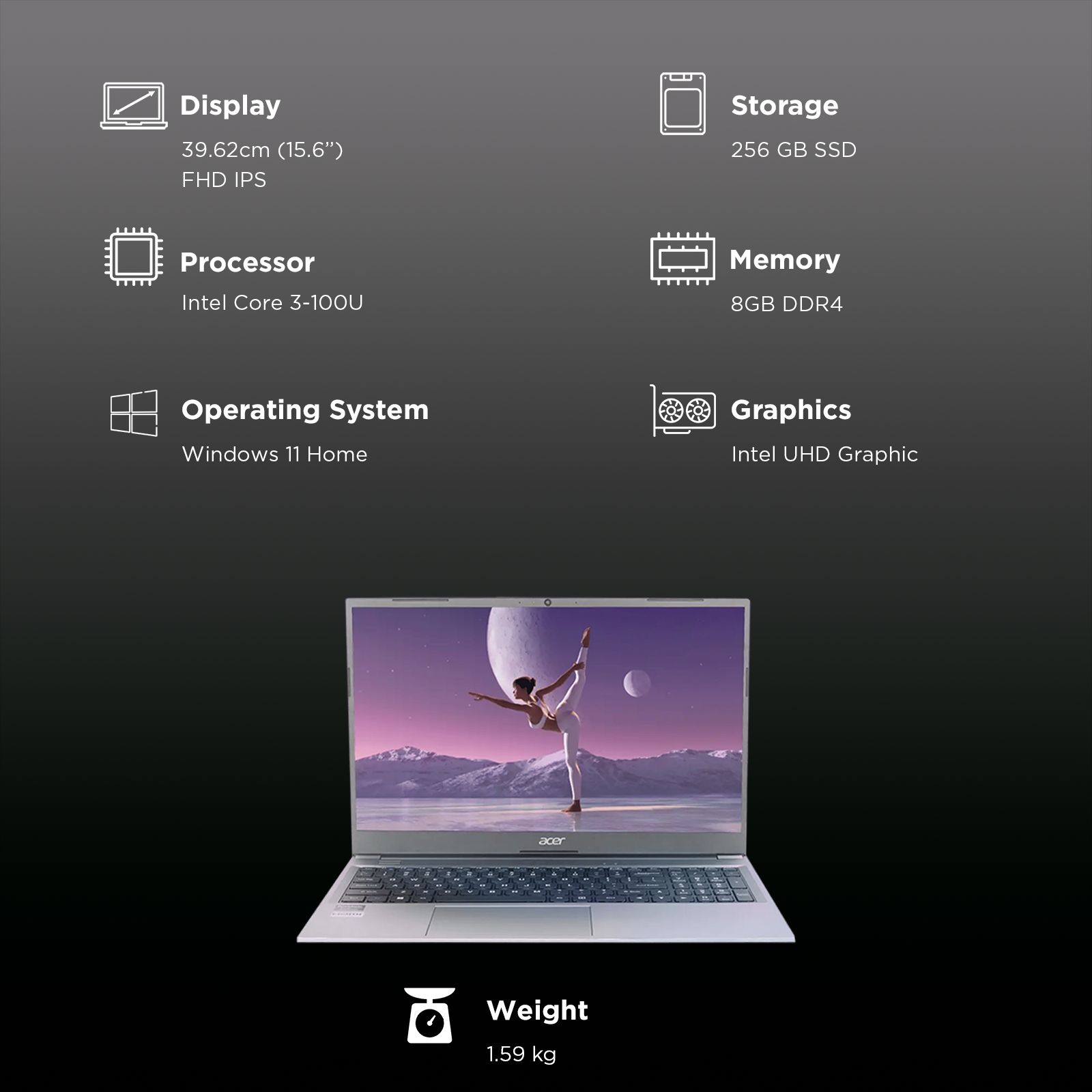 Acer Aspire Lite Intel Core 3 100U Laptop (8GB, 256GB SSD, Windows 11 Home, 15.6 inch Full HD IPS Display, MS Office Home & Student 2021, Grey, 1.59 KG)_3