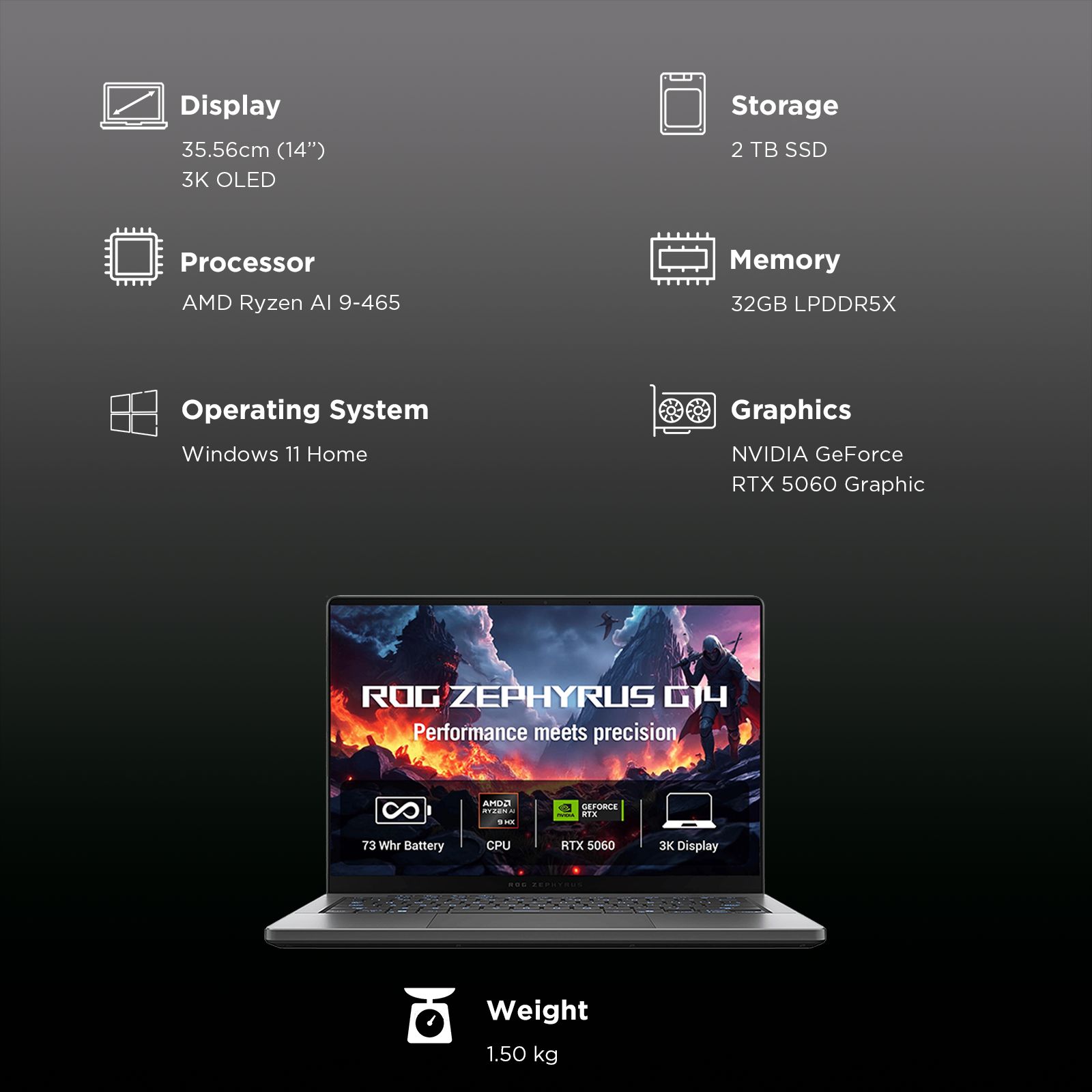 Asus ROG Zephyrus G14 AMD Ryzen AI 9 Gaming Laptop (32GB, 2TB SSD, Windows 11 Home, 8GB Graphics, 14 inch 120 Hz 3K OLED ROG Nebula HDR Display, NVIDIA GeForce RTX 5060, MS Office Home 2024, Eclipse Gray, 1.50 KG)_12